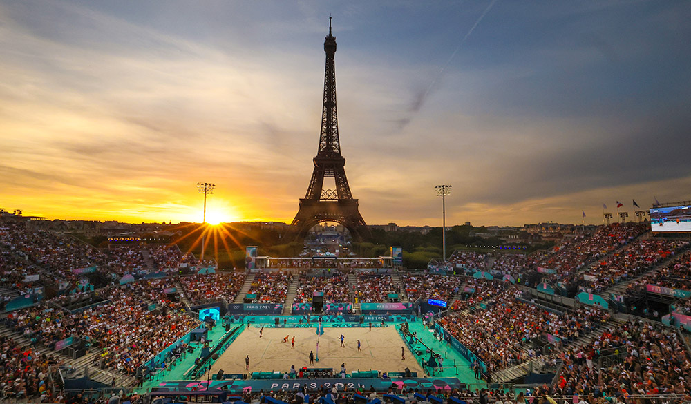 The Eiffel tower at sunset during a Men's Round of 16 match between Brazil and the Netherlands 