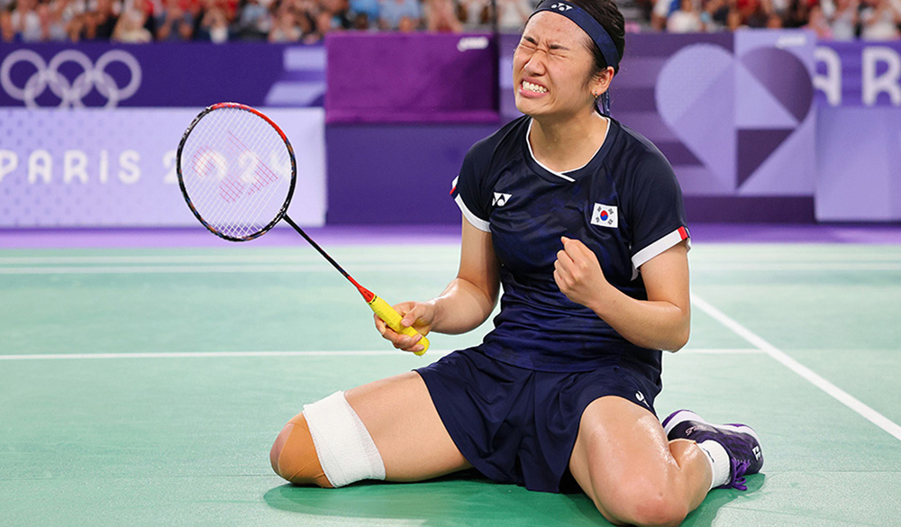 Republic of Korea's Se Young An celebrates during the women's badminton singles semifinal 