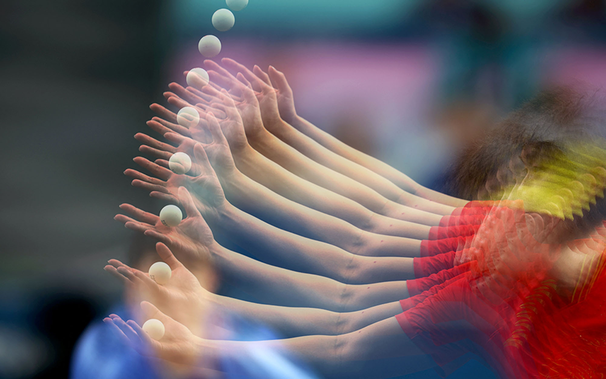 Multiple exposure picture of the Chinese Chuqin Wang during his quarterfinal match against Woojin Jang of South Korea. 