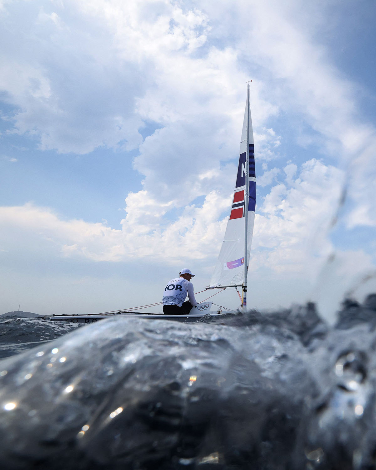 Hermann Tomasgaard of Norway competes in the Men's Dinghy Medal Race in Marseille Marina.