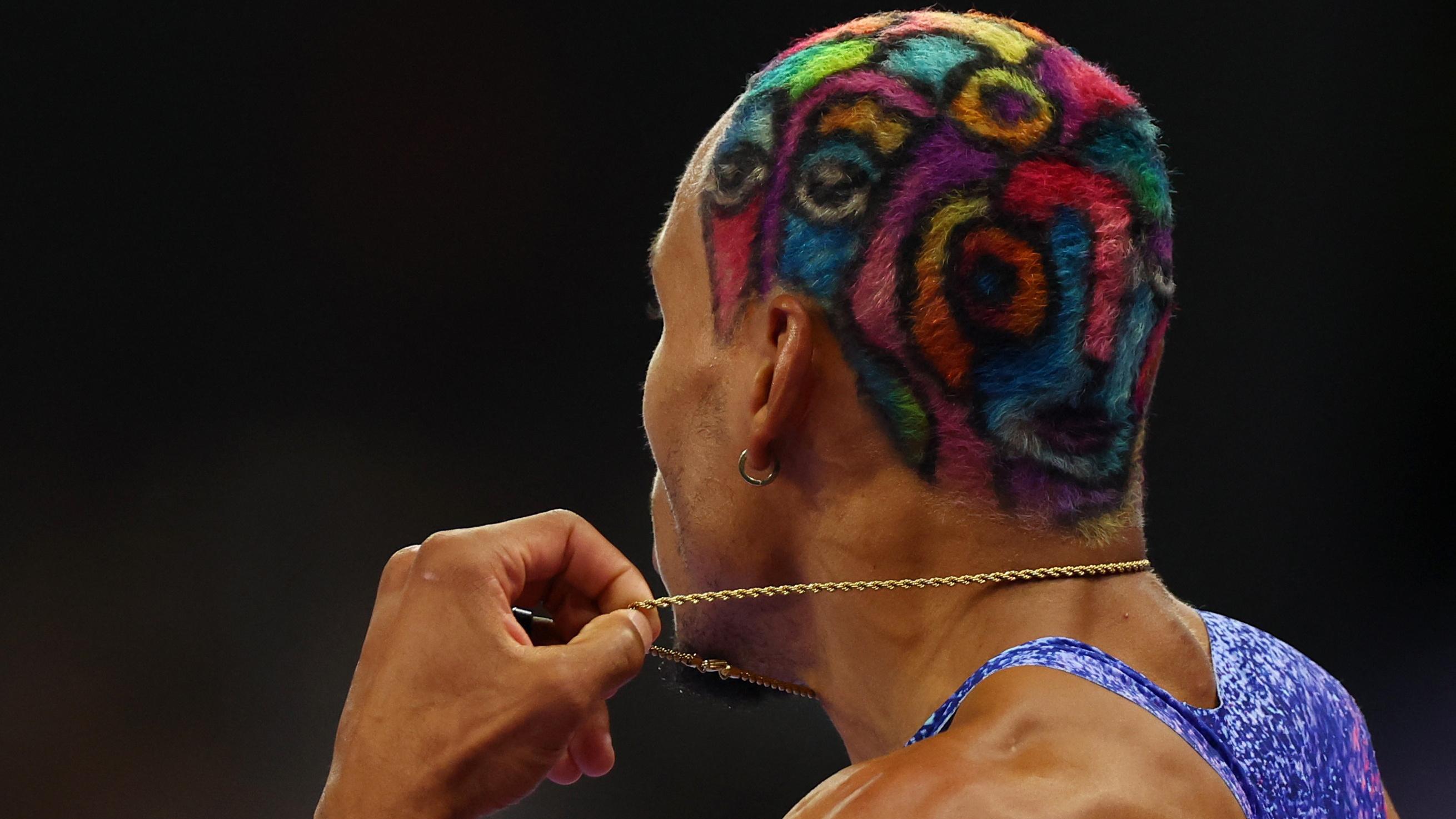 The colourful hair of USA athlete Roderick Townsend in the Paris Paralympic Games 2024