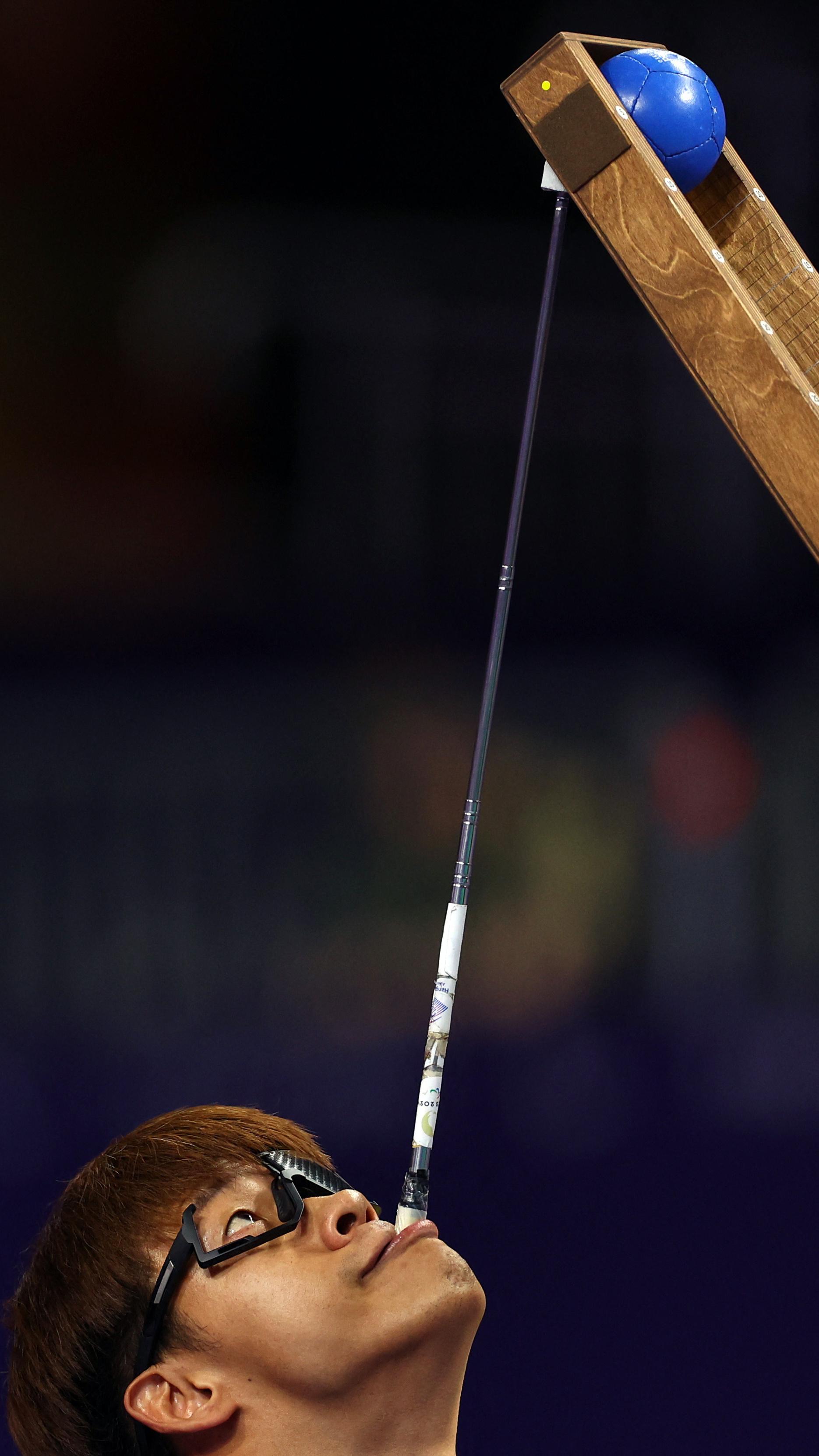 Howon Jeong of South Korea his boccia match against Daniel Michel of Australia in the Paris Paralympic Games 2024