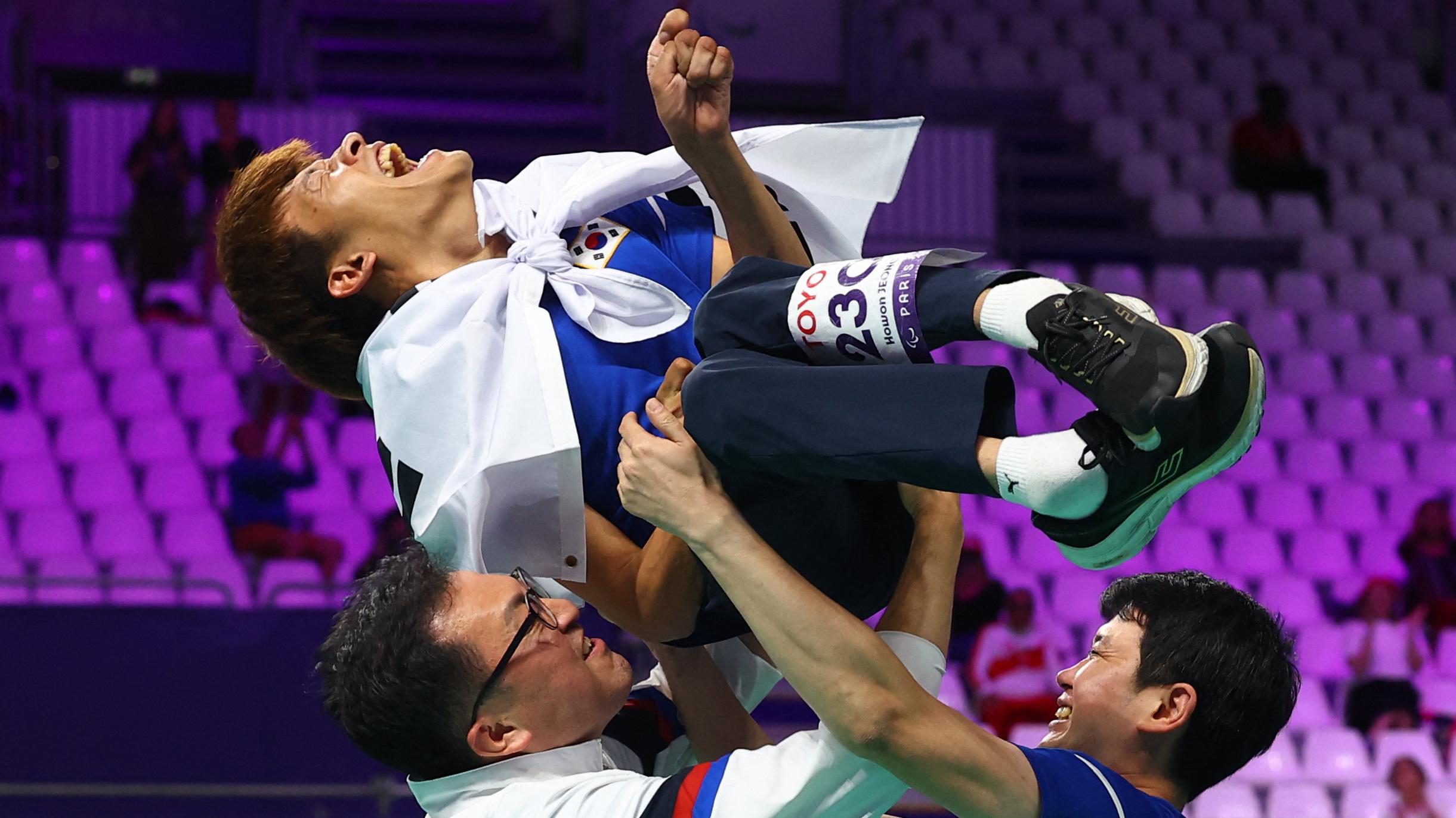 Howon Jeong celebrates after winning gold in boccia in the Paris Paralympic Games 2024