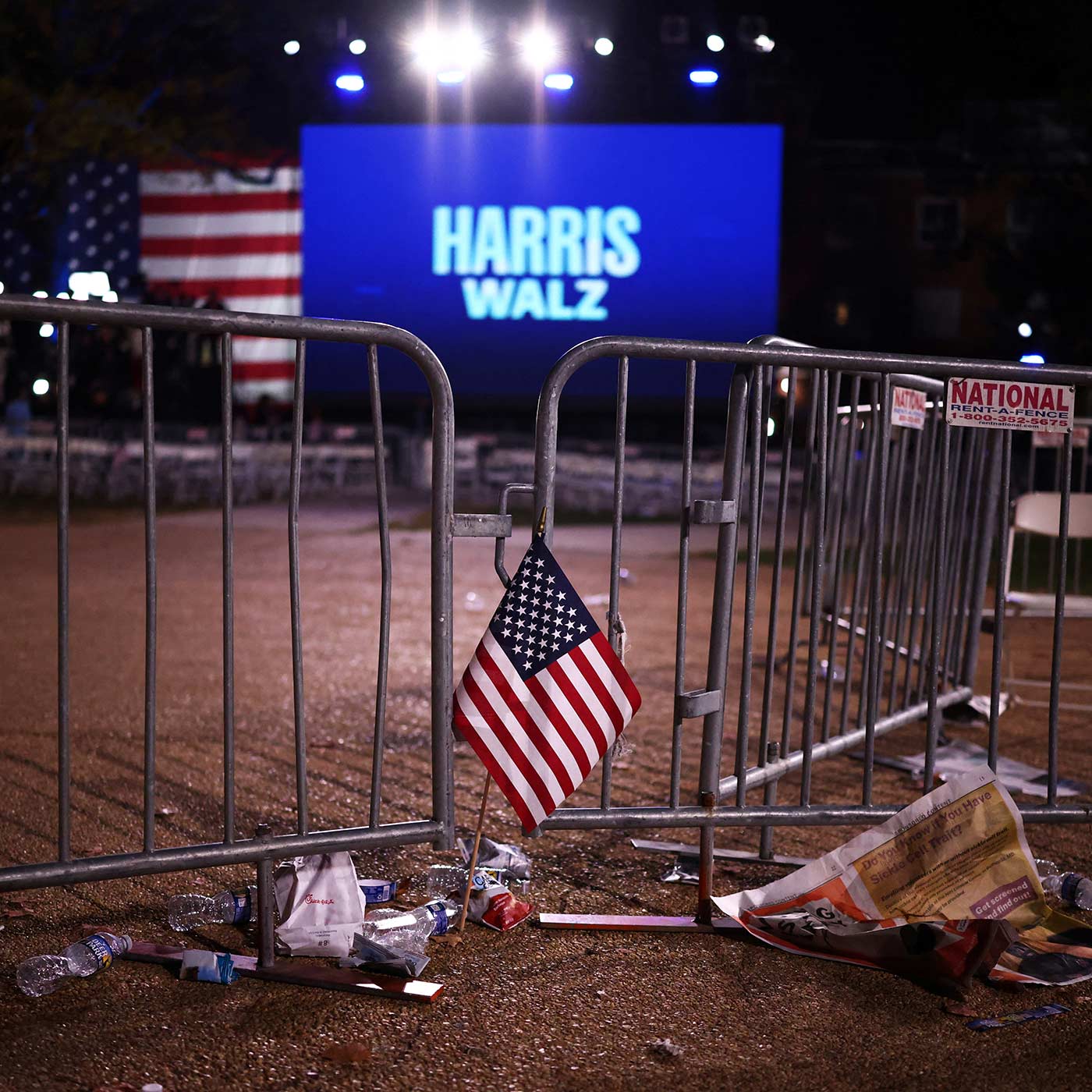 A flag is left at the election night watch party for Kamala Harris at Howard University in Washington DC (Daniel Cole/Reuters)