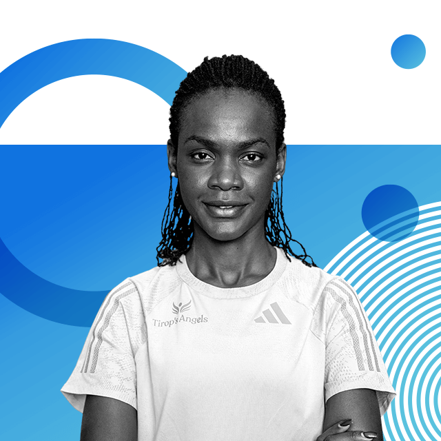 Kenyan runner Joan Chelimo Melly looking straight to camera with shoulder length braided hair, wearing a sport T-shirt with an Adidas and Tirop’s Angels logos on it.