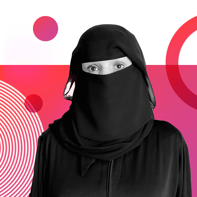 Heritage conservation engineer Harbia Al Himiary is wearing a black Niqab covering her whole face except for her eyes, which look directly into the camera.