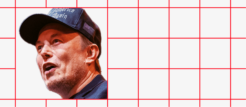 Banner image with grid background and face of Elon Musk on the left