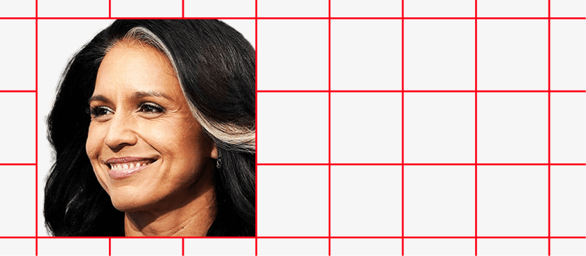 Banner image with grid background and face of Tulsi Gabbard on the left