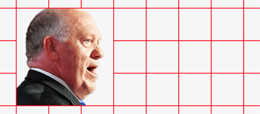 Banner image with a grid background with face of Tom Homan on the left