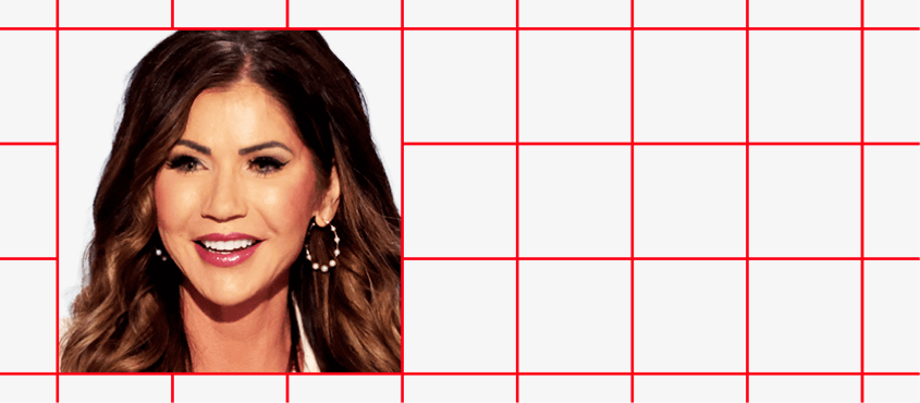 Banner image with a grid background and face of Kristi Noem on the left
