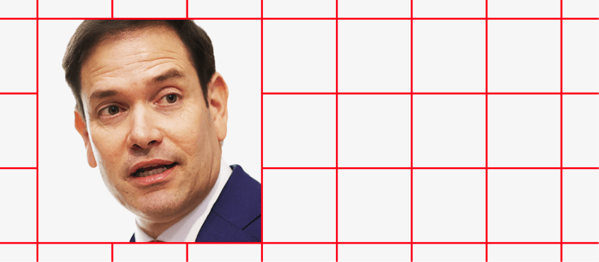 Banner image with a grid background and face of Marco Rubio on the left