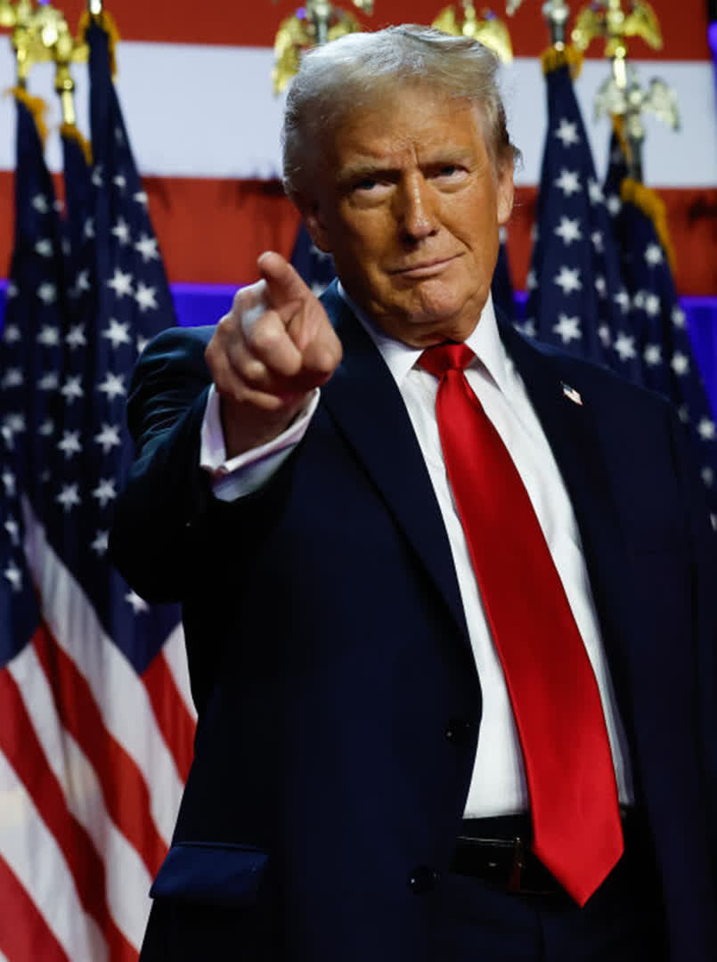 Republican presidential nominee, former U.S. President Donald Trump arrives to speak during an election night event at the Palm Beach Convention Center on November 06, 2024 in West Palm Beach, Florida.