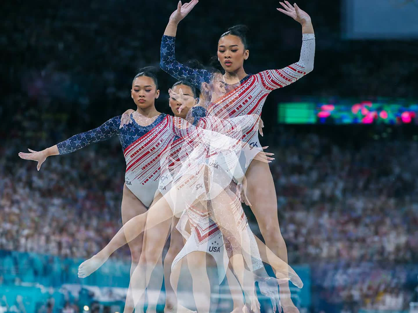 Sunisa Lee of United States competing during the artistic gymnastics women's team final on the Olympic Games Paris 2024 at Bercy Arena in Paris. 