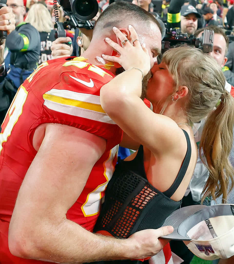 Kansas City Chiefs tight end Travis Kelce kisses US singer Taylor Swift following the Chiefs' victory in overtime of Super Bowl LVIII at Allegiant Stadium in Las Vegas, Nevada, USA, 11 February 2024.