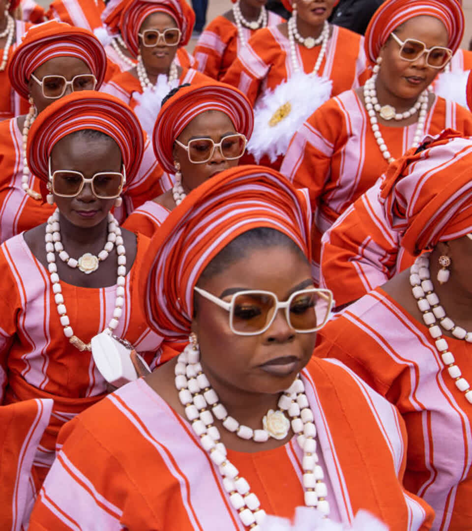 Members of the Egbe Obaneye Obinrin parade to pay homage to the King, Awuja Ile of Ijebuland, during the annual Ojude Oba festival in Ijebu Ode on June 18, 2024.