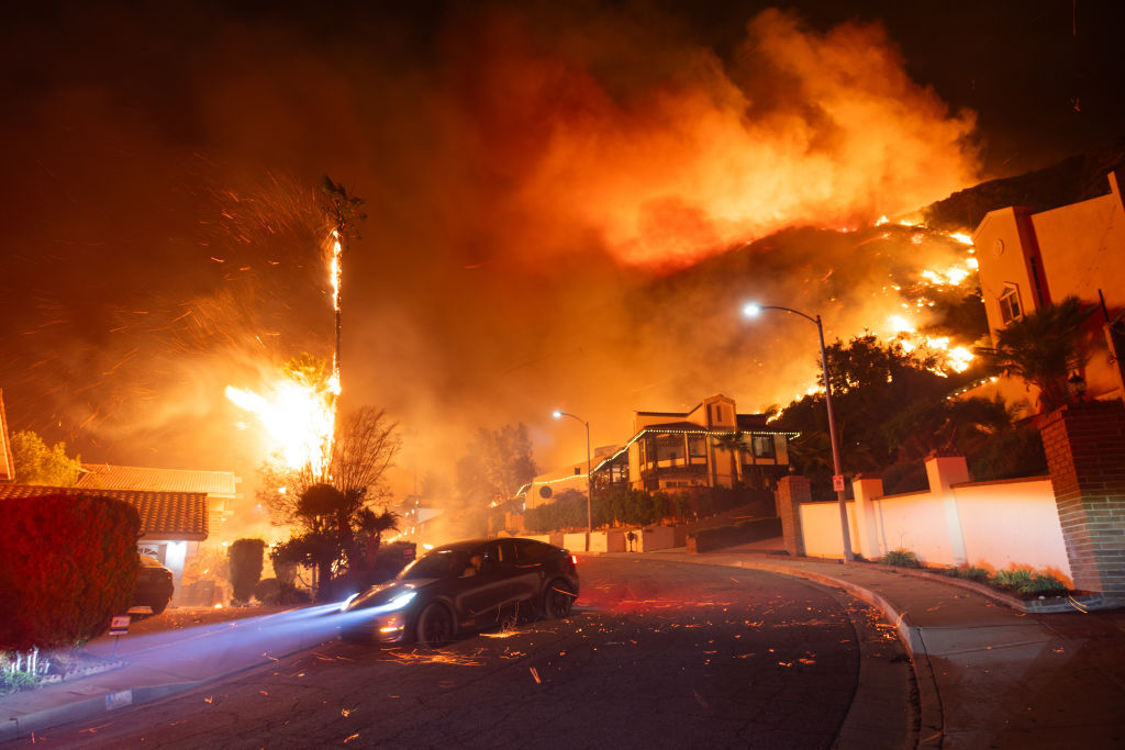 A wind-driven fire rips through homes on January 7, 2025 in Los Angeles, California.