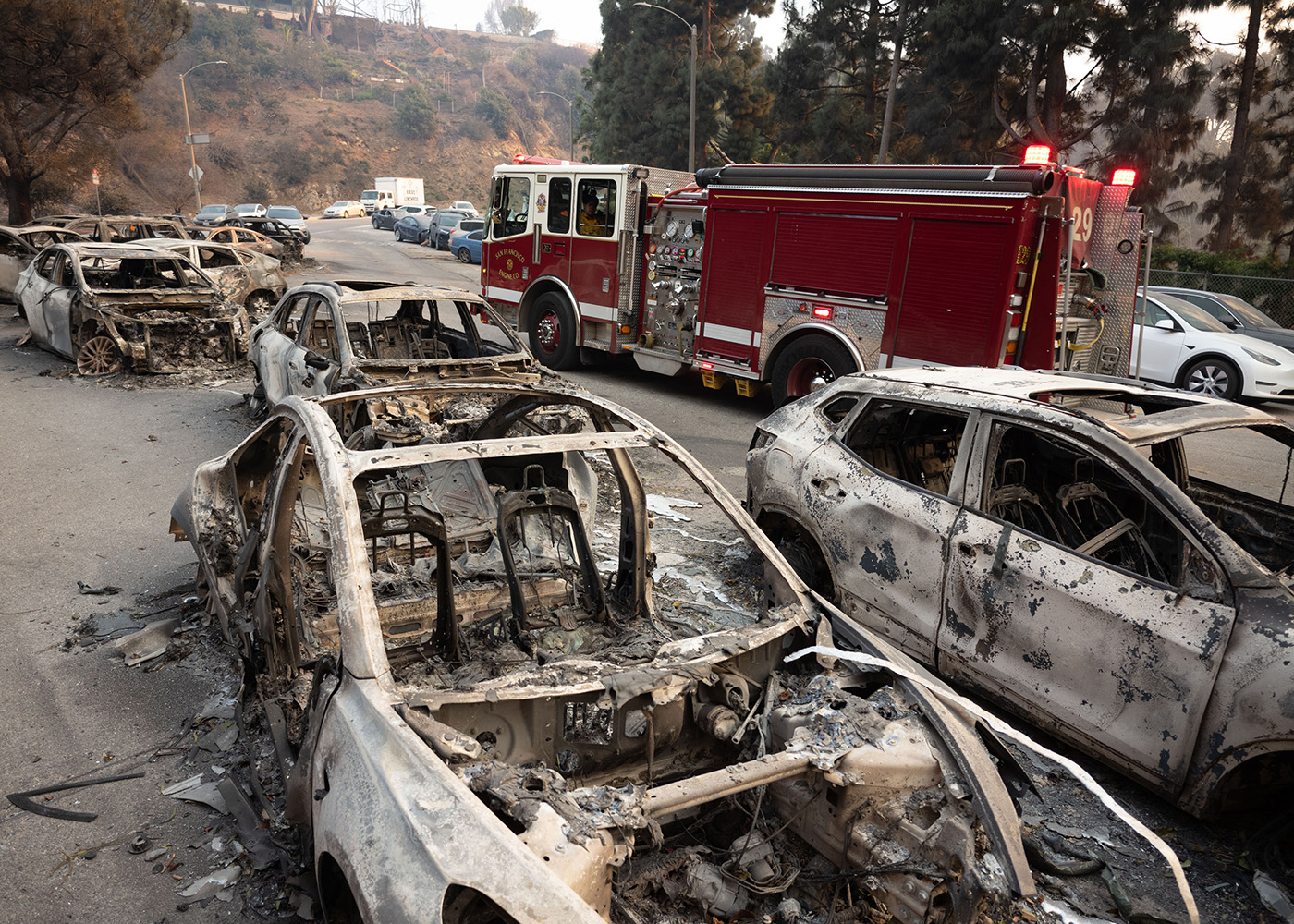 Cars were reduced to burned-out shells on Sunset Boulevard