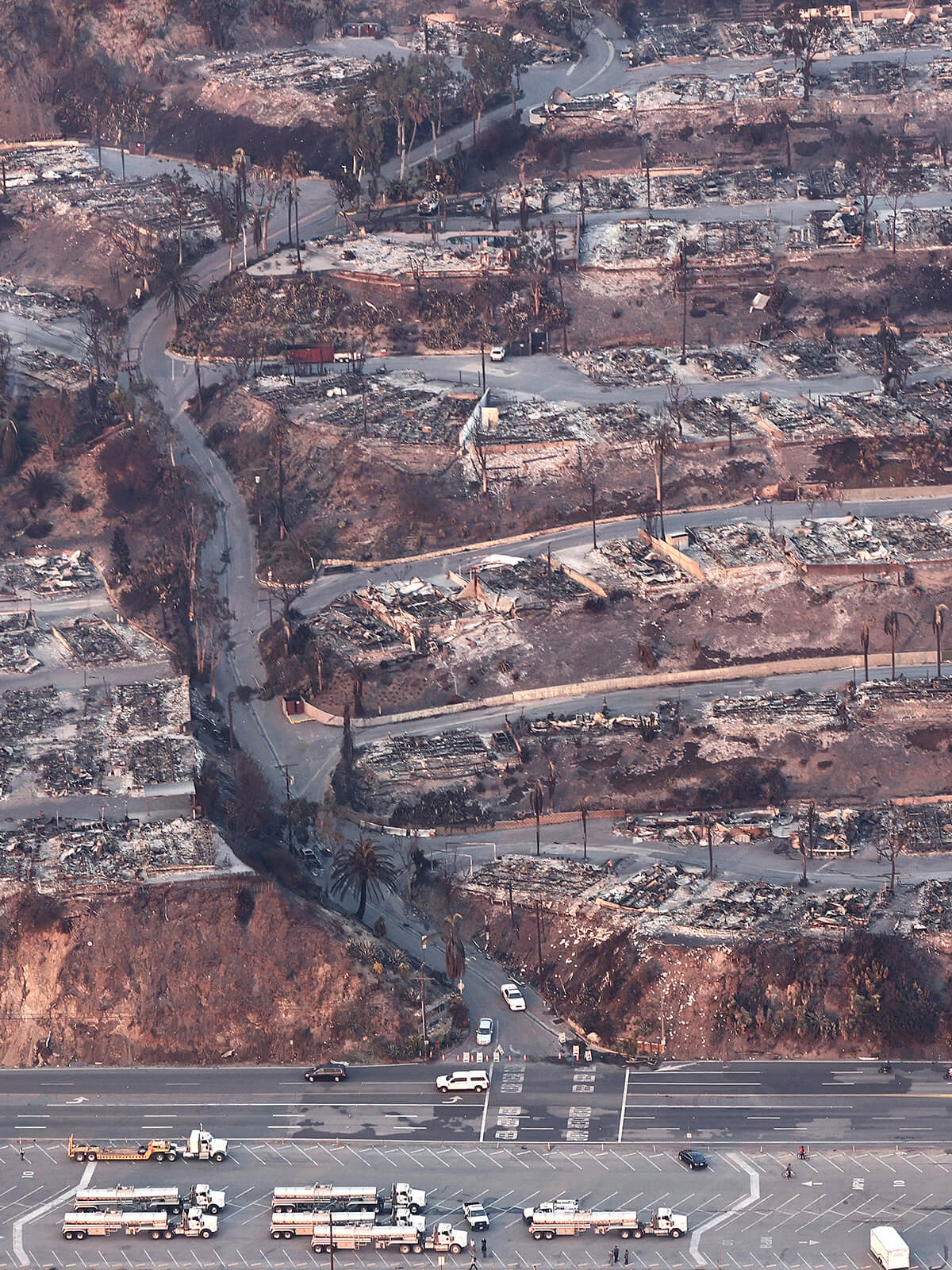 An aerial view of destroyed homes by the Palisades fire