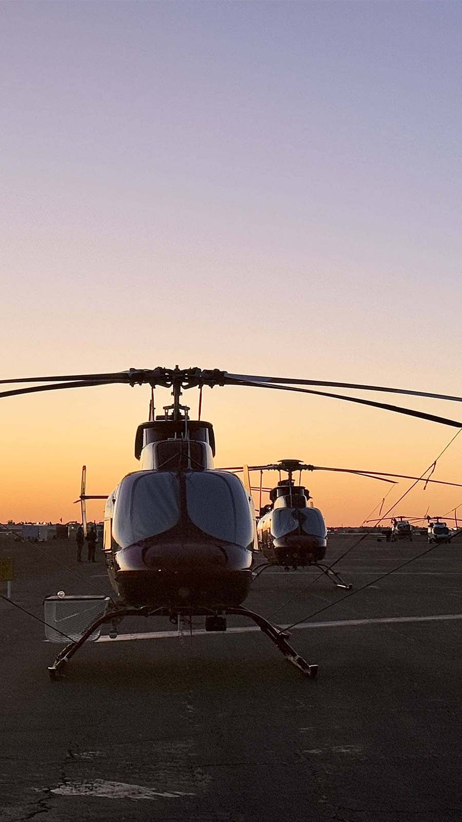 Helicopters are secured for the night at Camarillo airport