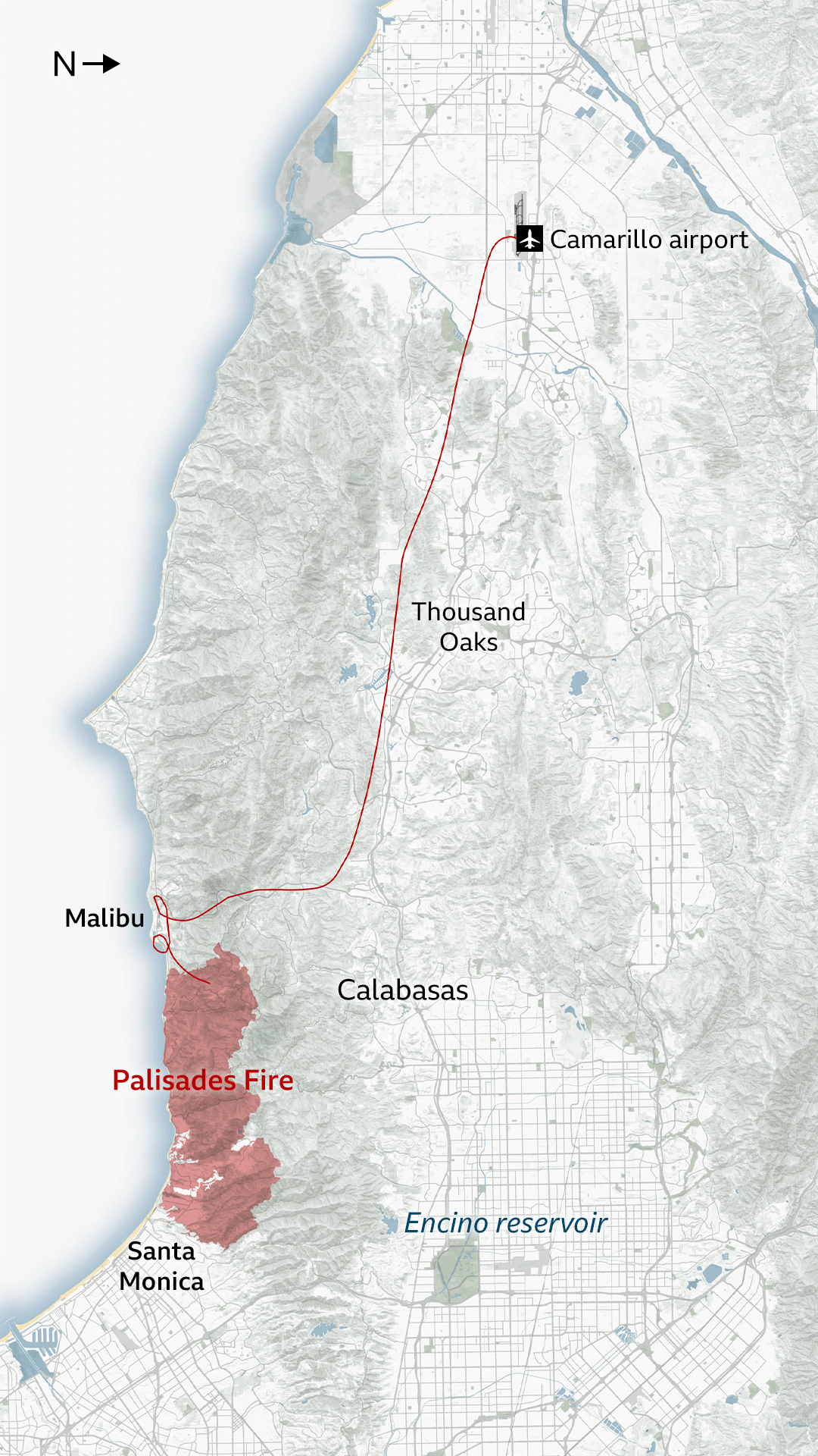 Map showing the flight paths between Camarillo airport, Malibu and Los Angeles