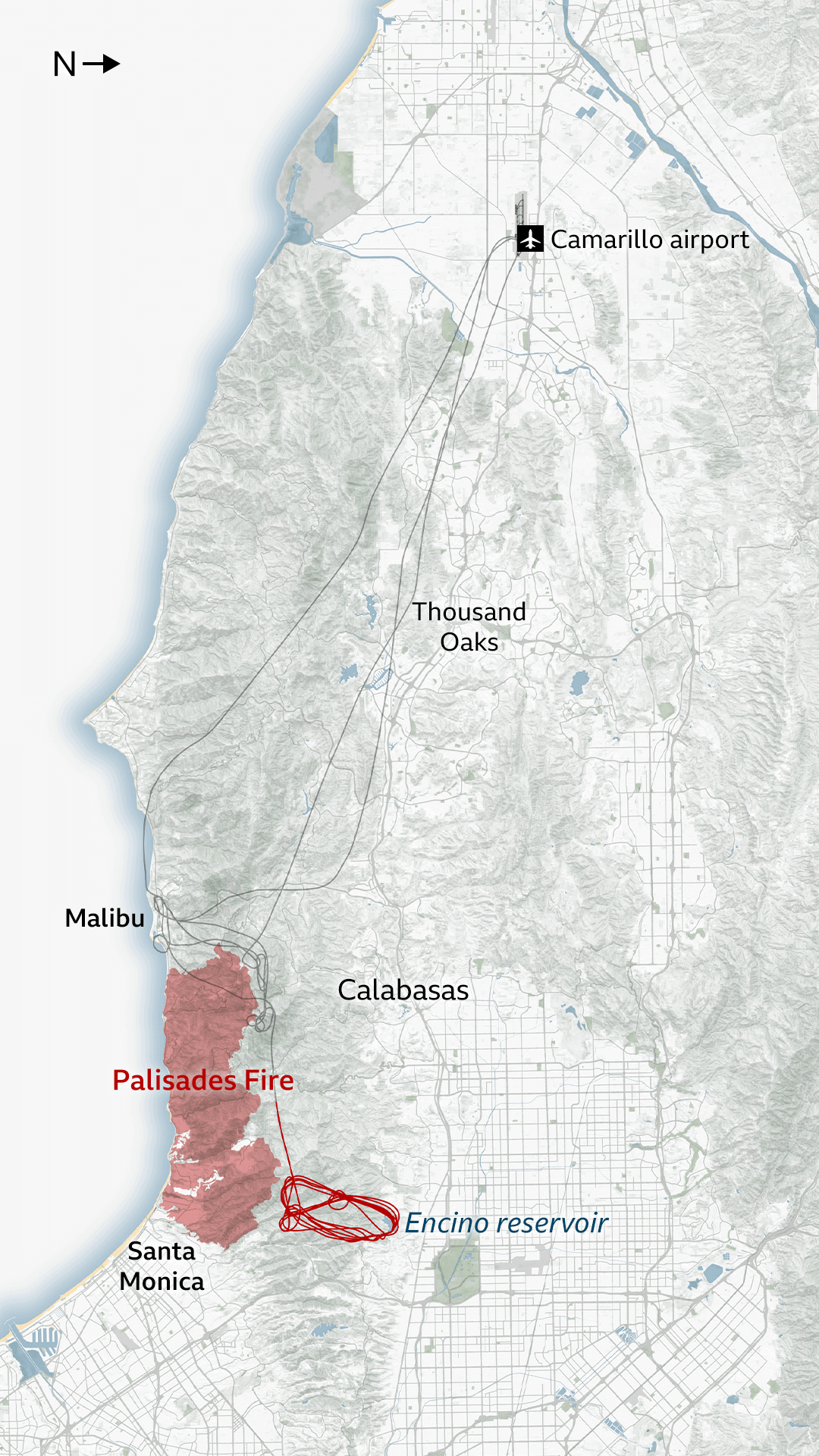 Map showing the flight paths between Camarillo airport, Malibu and Los Angeles