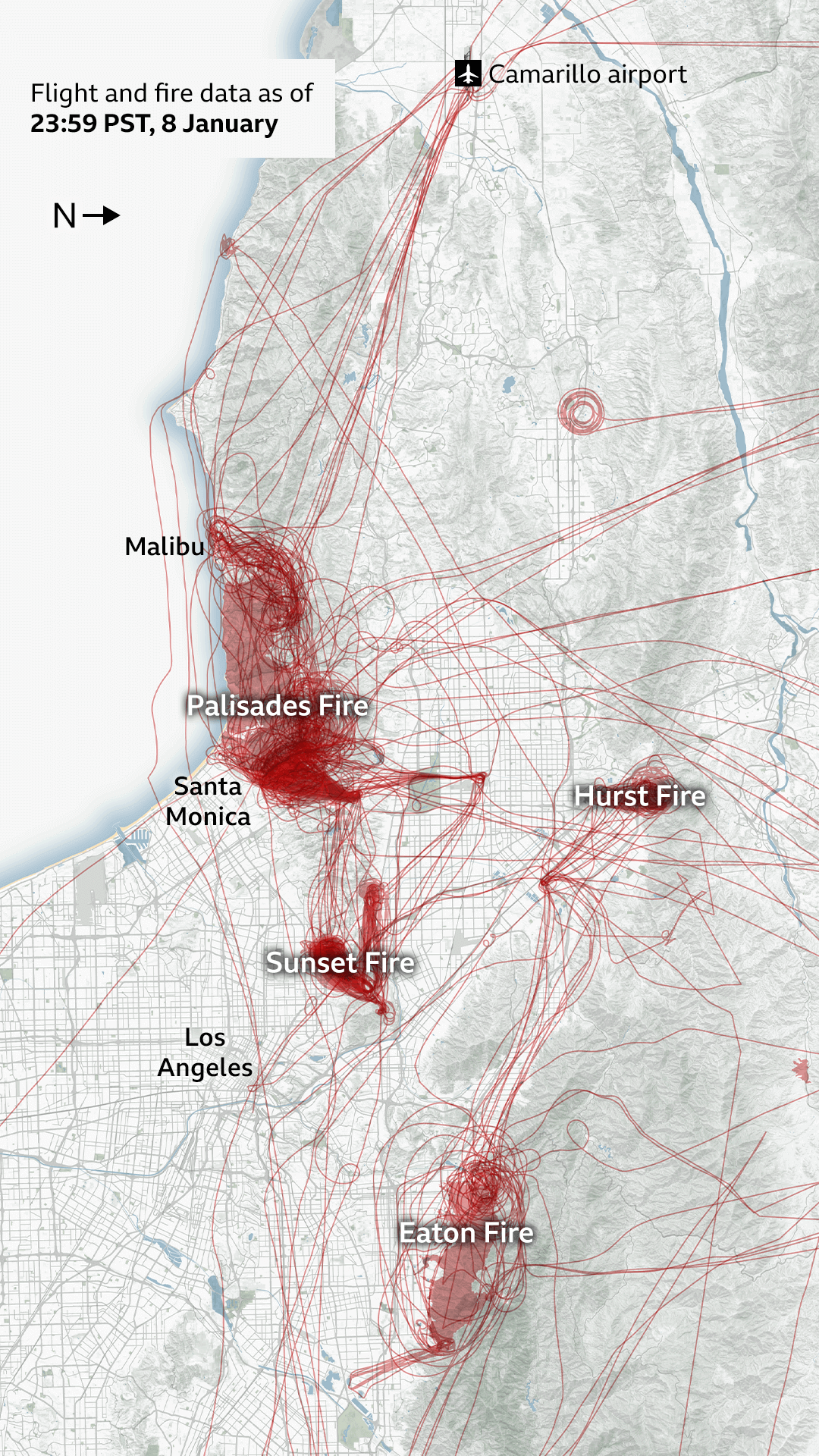 Map showing flights and fire data on 8 January