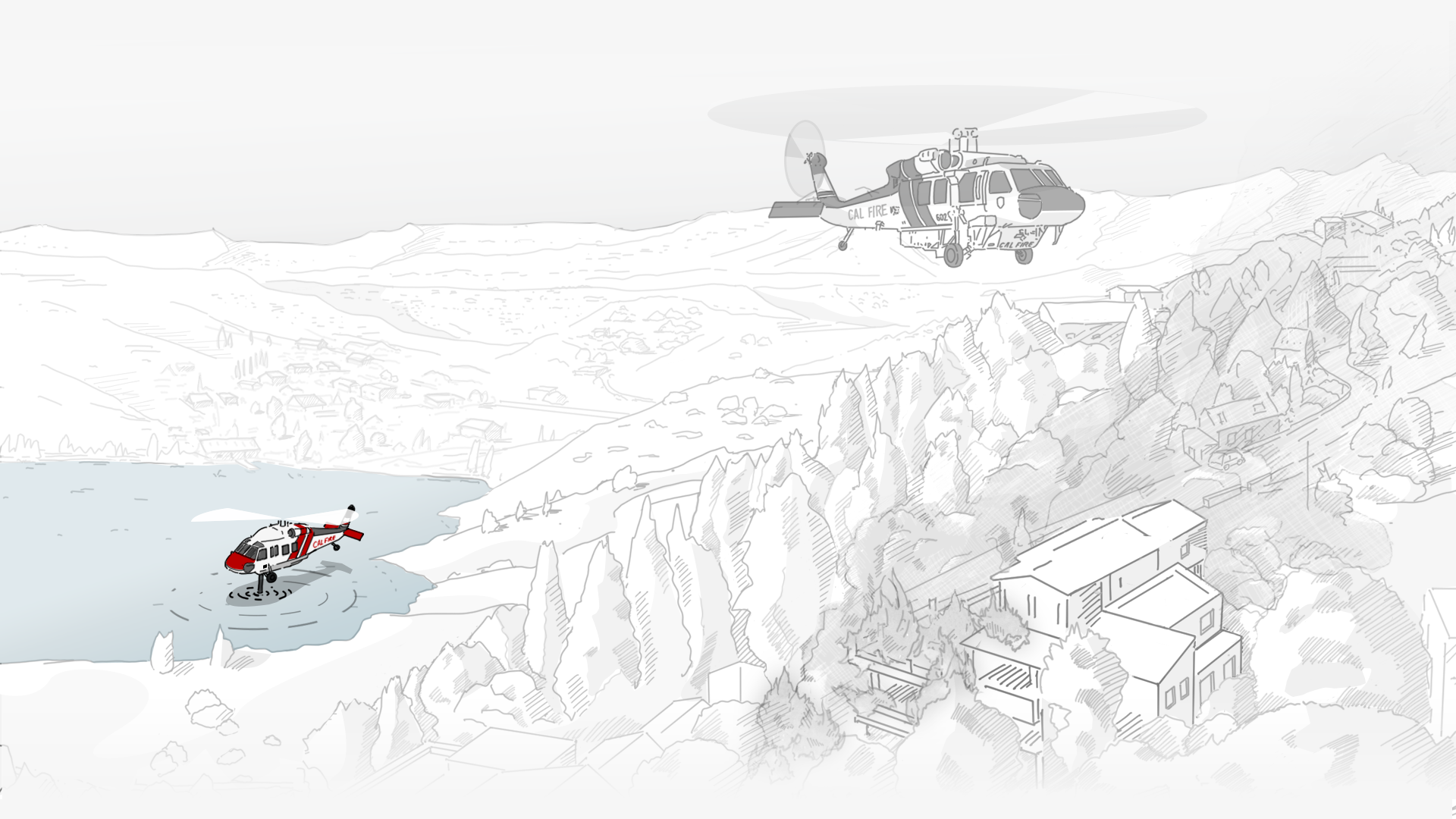 Illustration showing California landscape with a helicopter over a reservoir