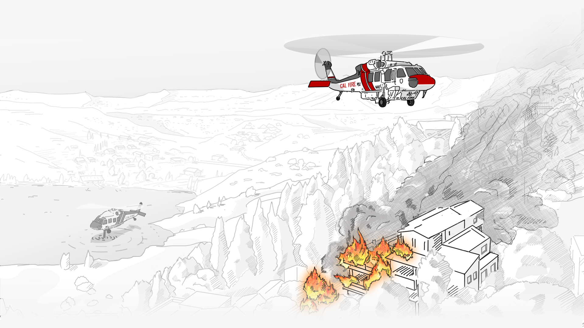 Illustration showing California landscape with a helicopter over a flaming building