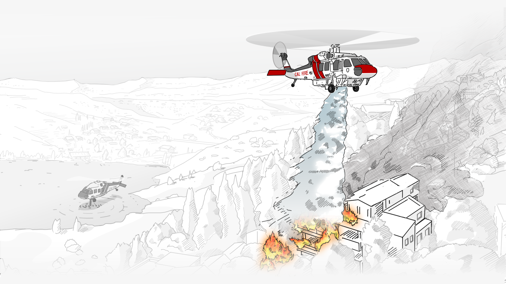 Illustration showing California landscape with a helicopter dropping water in a building extinguishing the flames