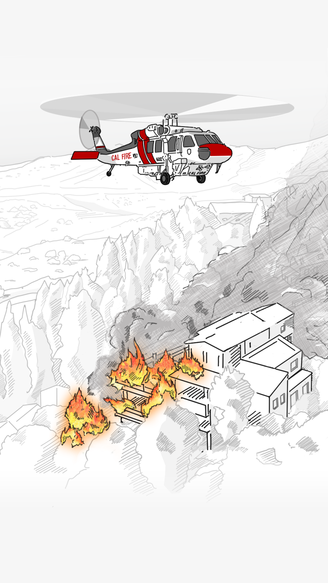 Illustration showing California landscape with a helicopter over a flaming building