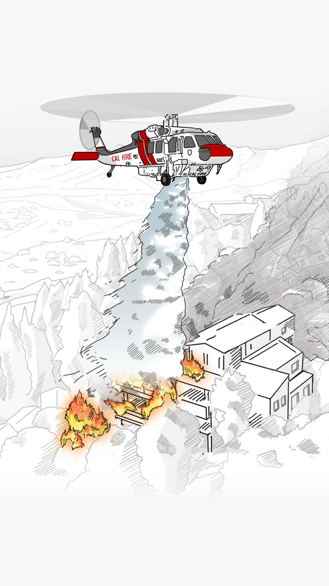 Illustration showing California landscape with a helicopter dropping water in a building extinguishing the flames