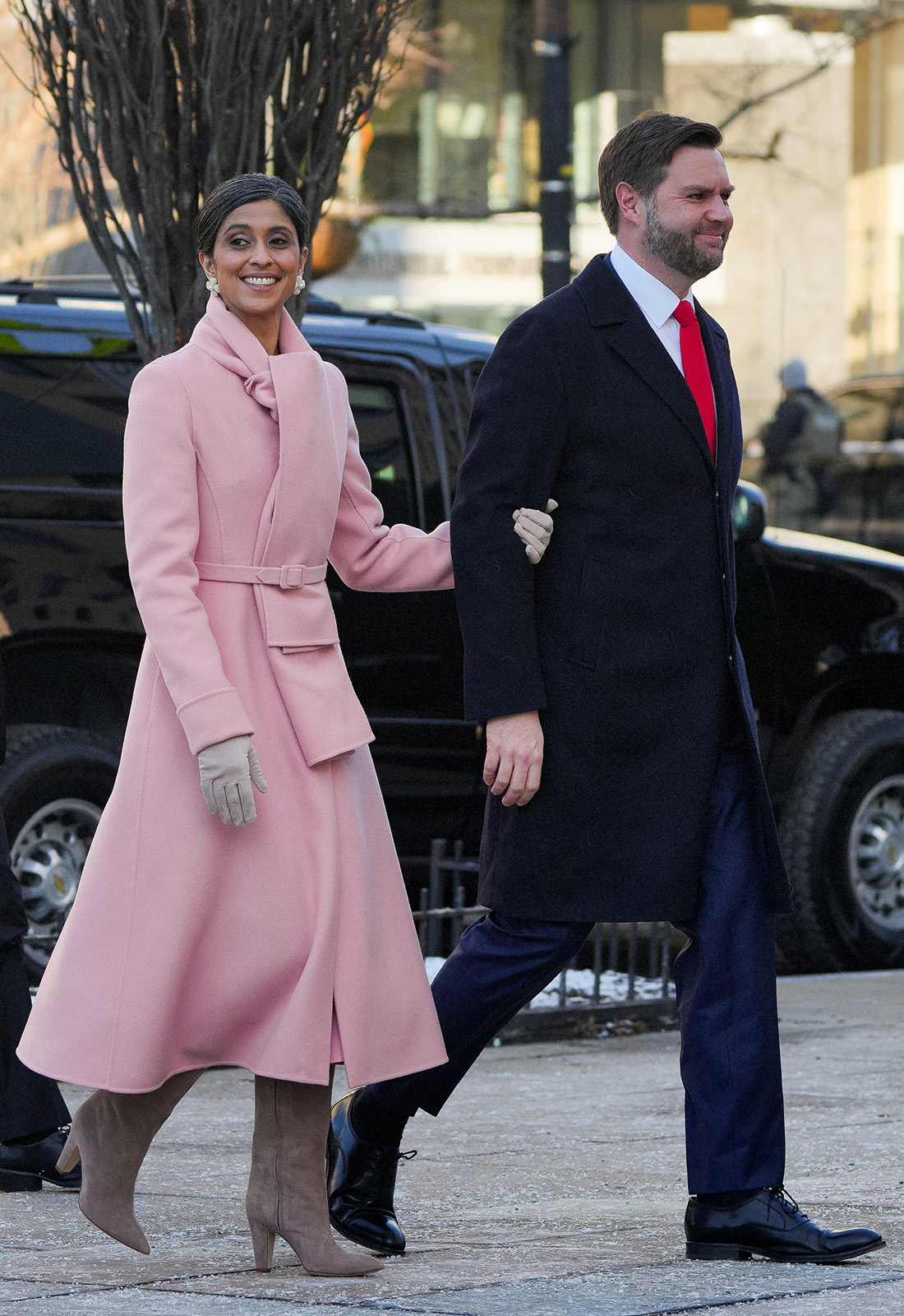 Vice President-elect JD Vance and his wife Usha Vance arrive for a service at St. John's Church