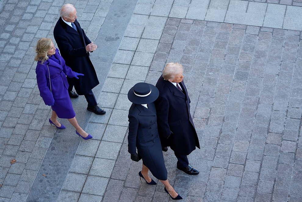 President Donald Trump and first lady Melania Trump leave the US Capitol with former President Joe Biden and former first lady Jill Biden as they walk towards Marine One during the 2025 Presidential Inauguration at the US Capitol