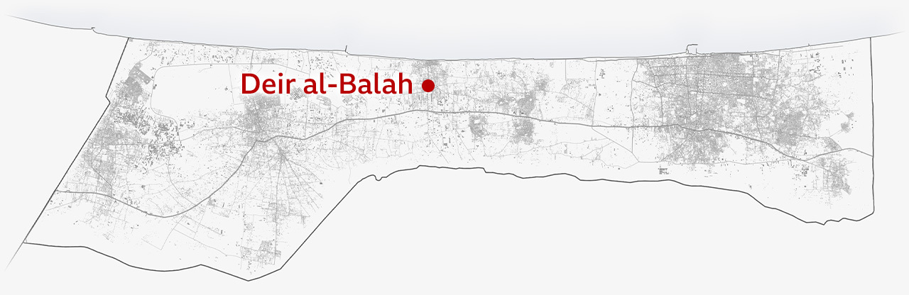 Map of Gaza, with southern Gaza on the left. Marker shows Deir al-Balah 