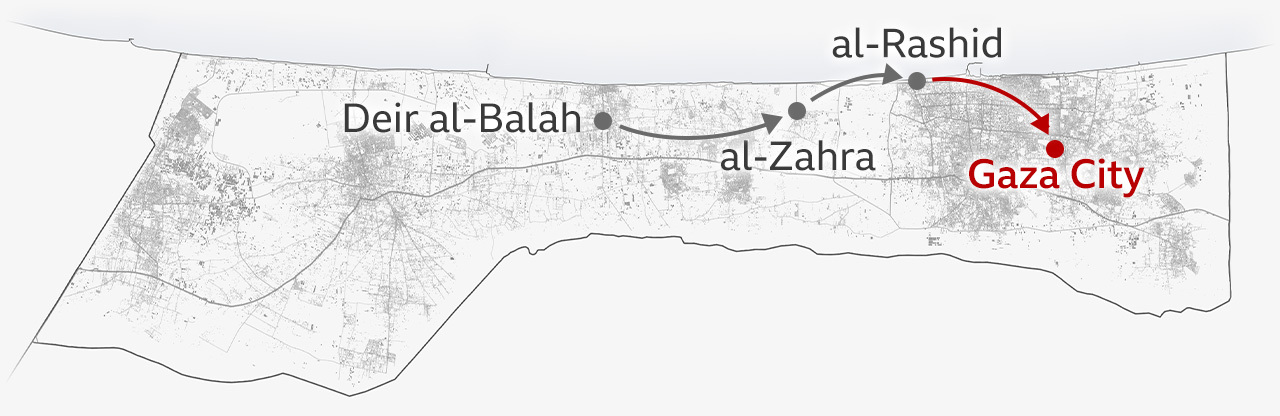 Map showing route to Gaza City