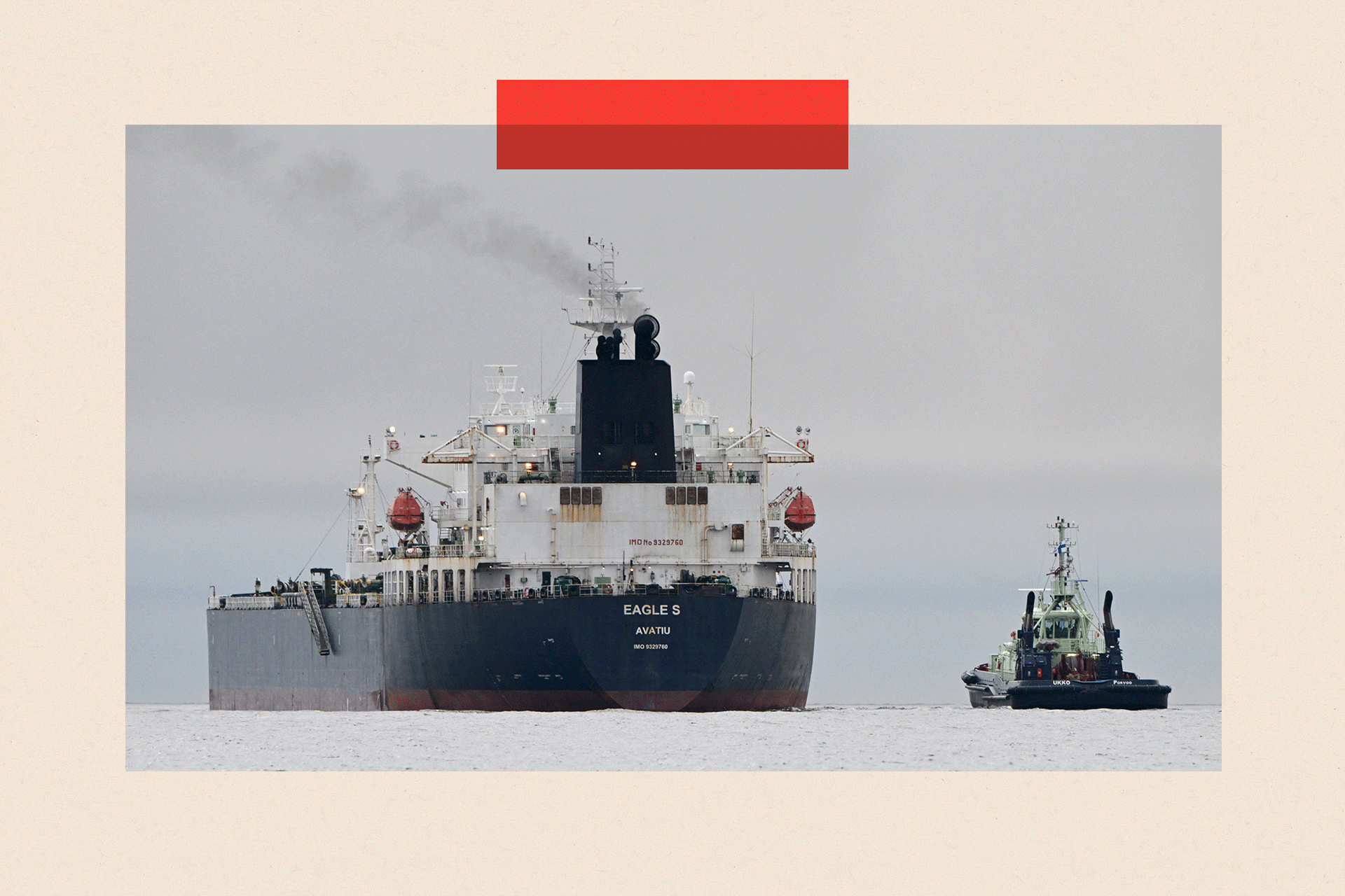 A photo taken on December 28, 2024 off Porkkalanniemi, Kirkkonummi, in the Gulf of Finland, shows oil tanker Eagle S (L), which flies under the flag of the Cook Islands, next to tugboat Ukko (R).