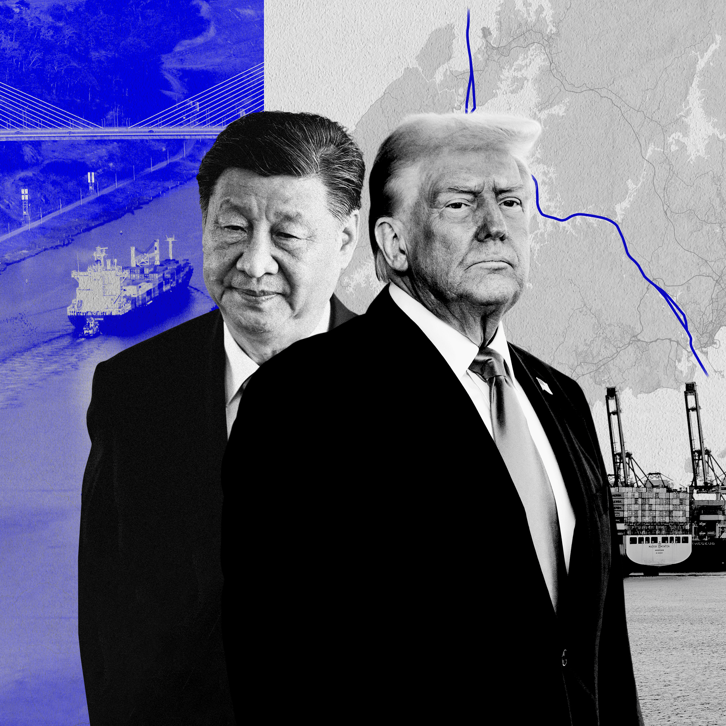 A black and white composite picture of China's President Xi Jinping and US President Donald Trump with a map of the Panama canal in the background