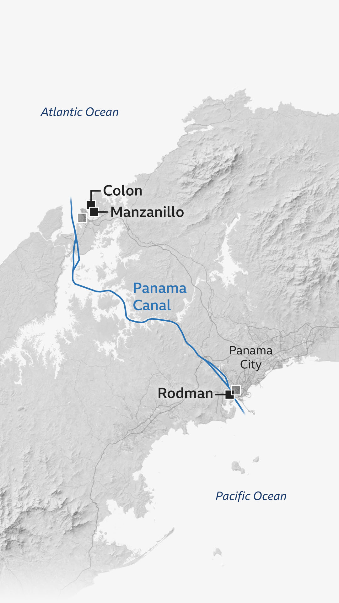 The highlights change to show the three ports of Colon and Manzanillo near the Atlantic and Rodman near the Pacific