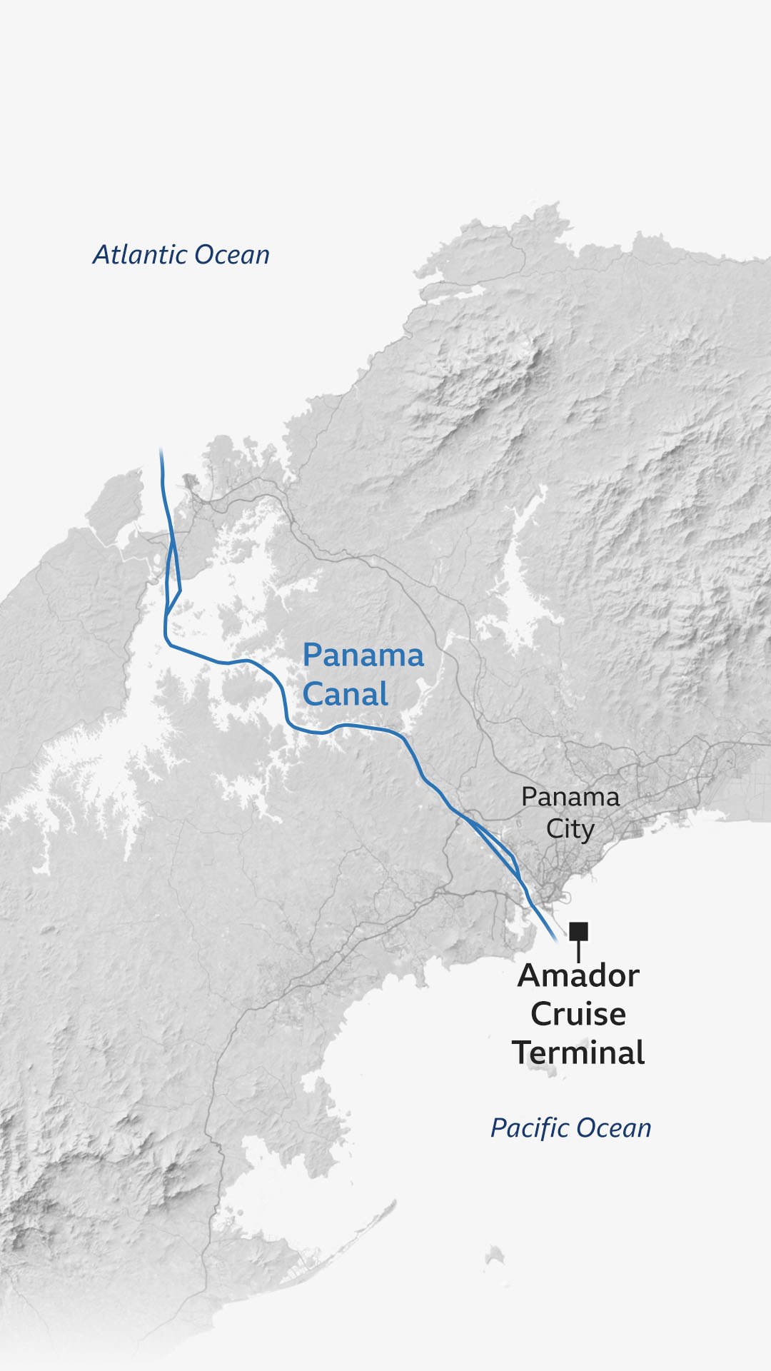 A map of the Panama Canal highlights the Amador Cruise Terminal off the Pacific Ocean