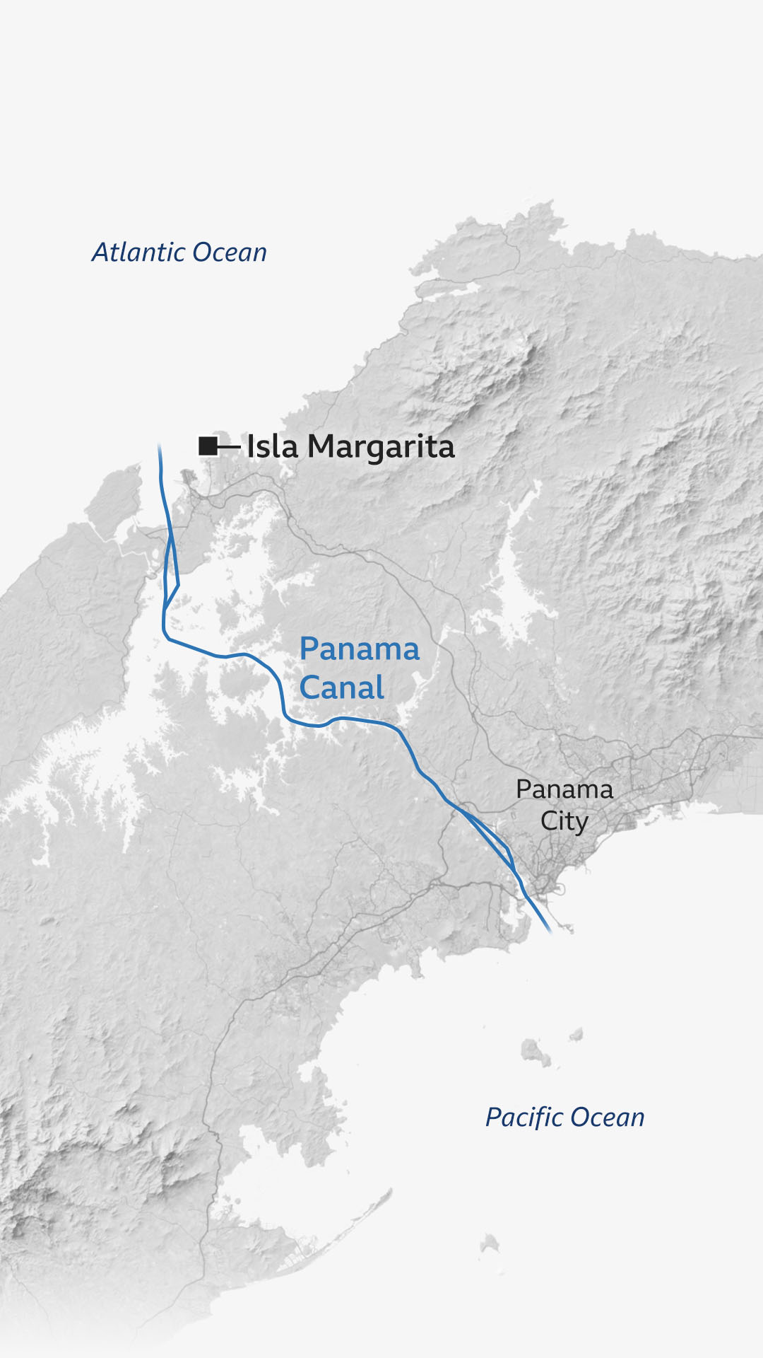 A map of the Panama Canal highlights Isla Margarita just off the Atlantic Ocean