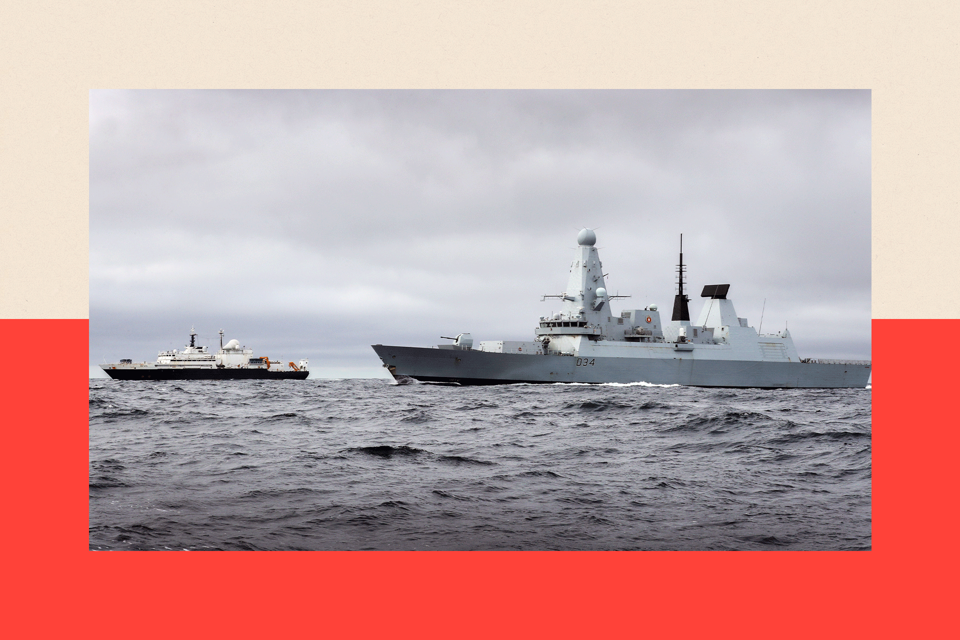 Royal Navy ship HMS Diamond (foreground) shadows Russian Navy ship Yantar as it passes through the English Channel on June 2018