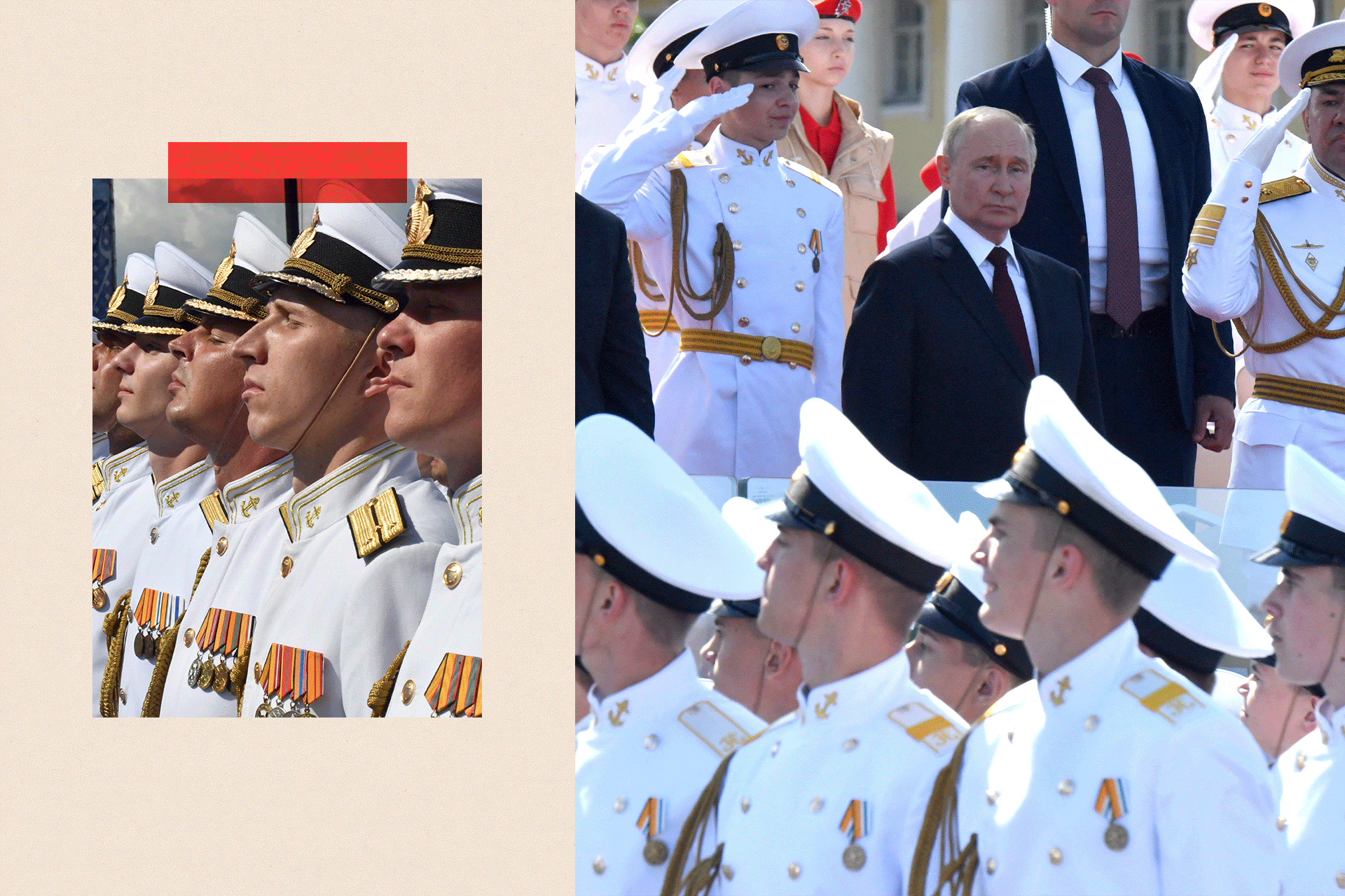 Russian soldiers and Vladimir Putin attend the main naval parade marking the Russian Navy Day in Saint Petersburg on July 28, 2024. 