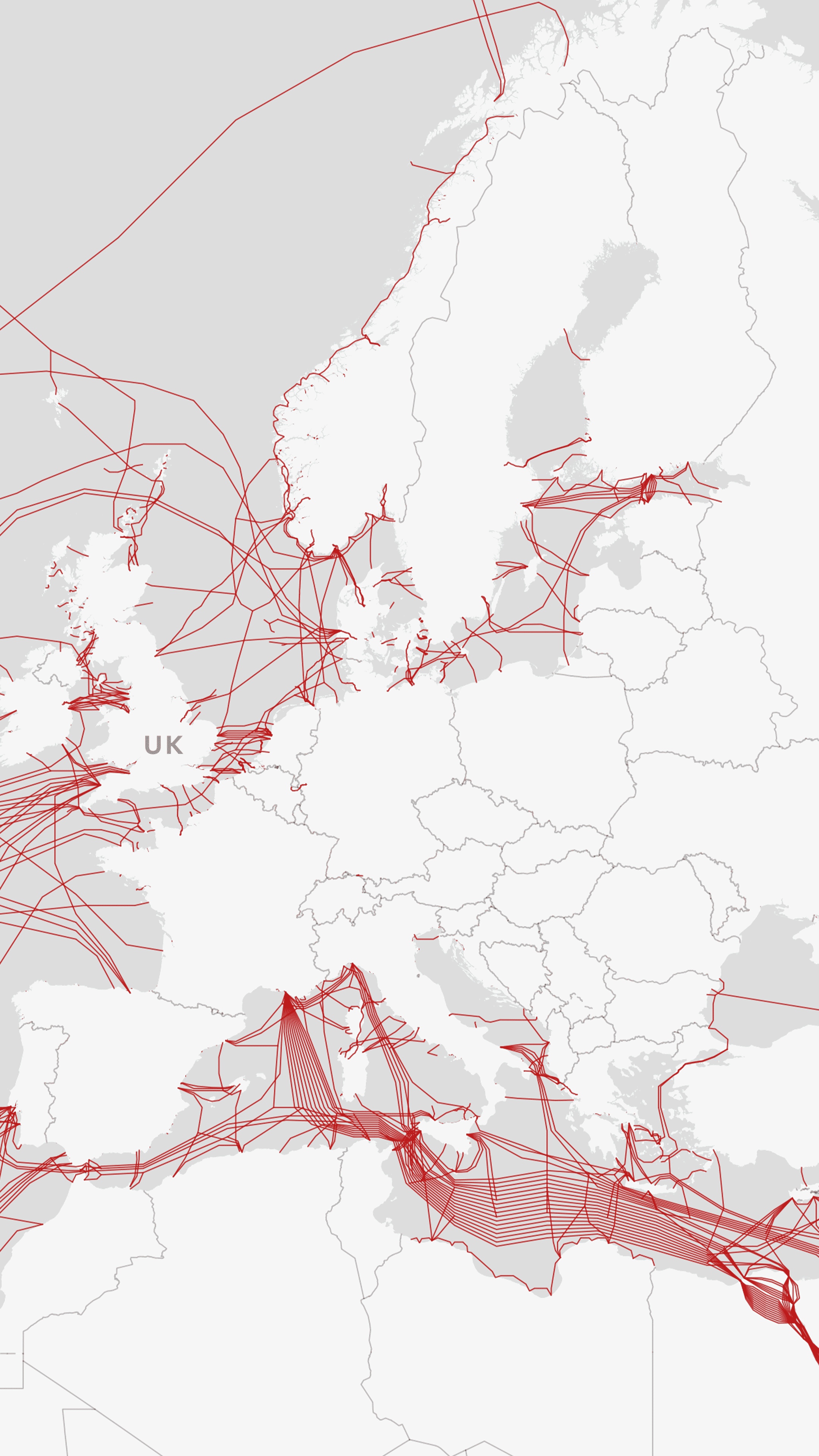 Map showing the submarine cables in Europe