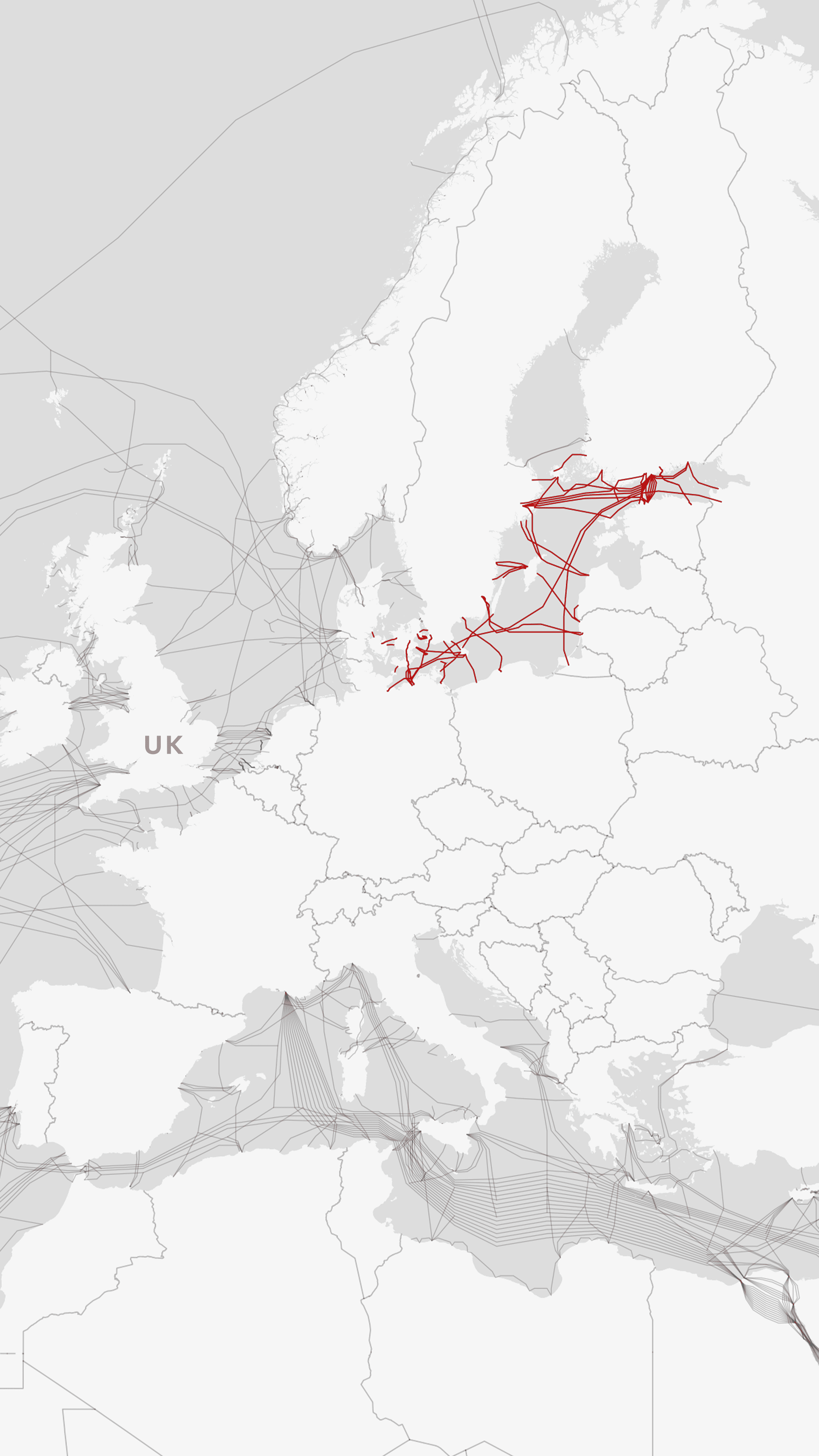 Map showing the submarine cables in Europe, with the Northern Europe and Balkans' cables highlighted