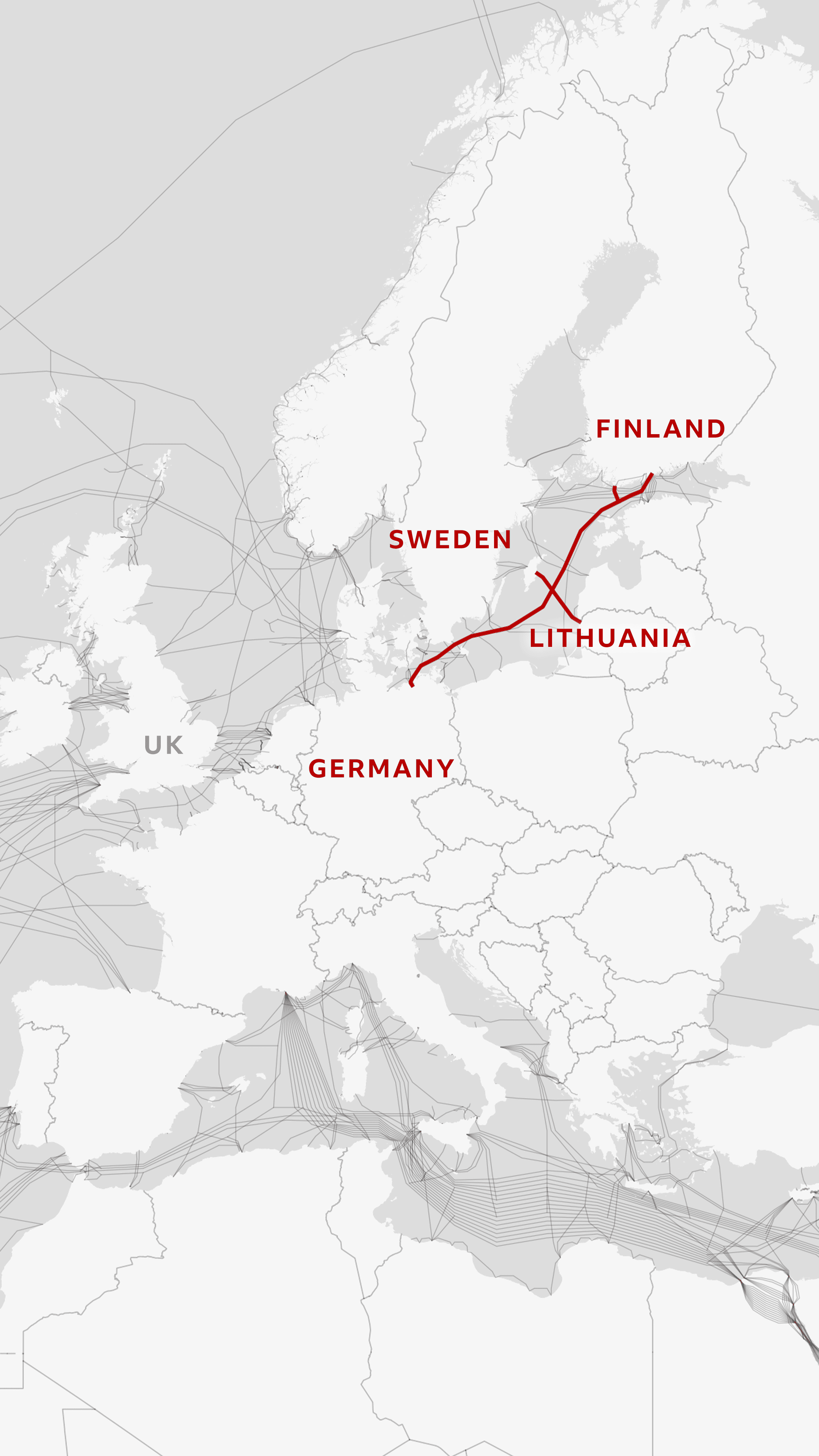 Map showing the submarine cables in Europe, with the recently damaged cables highlighted