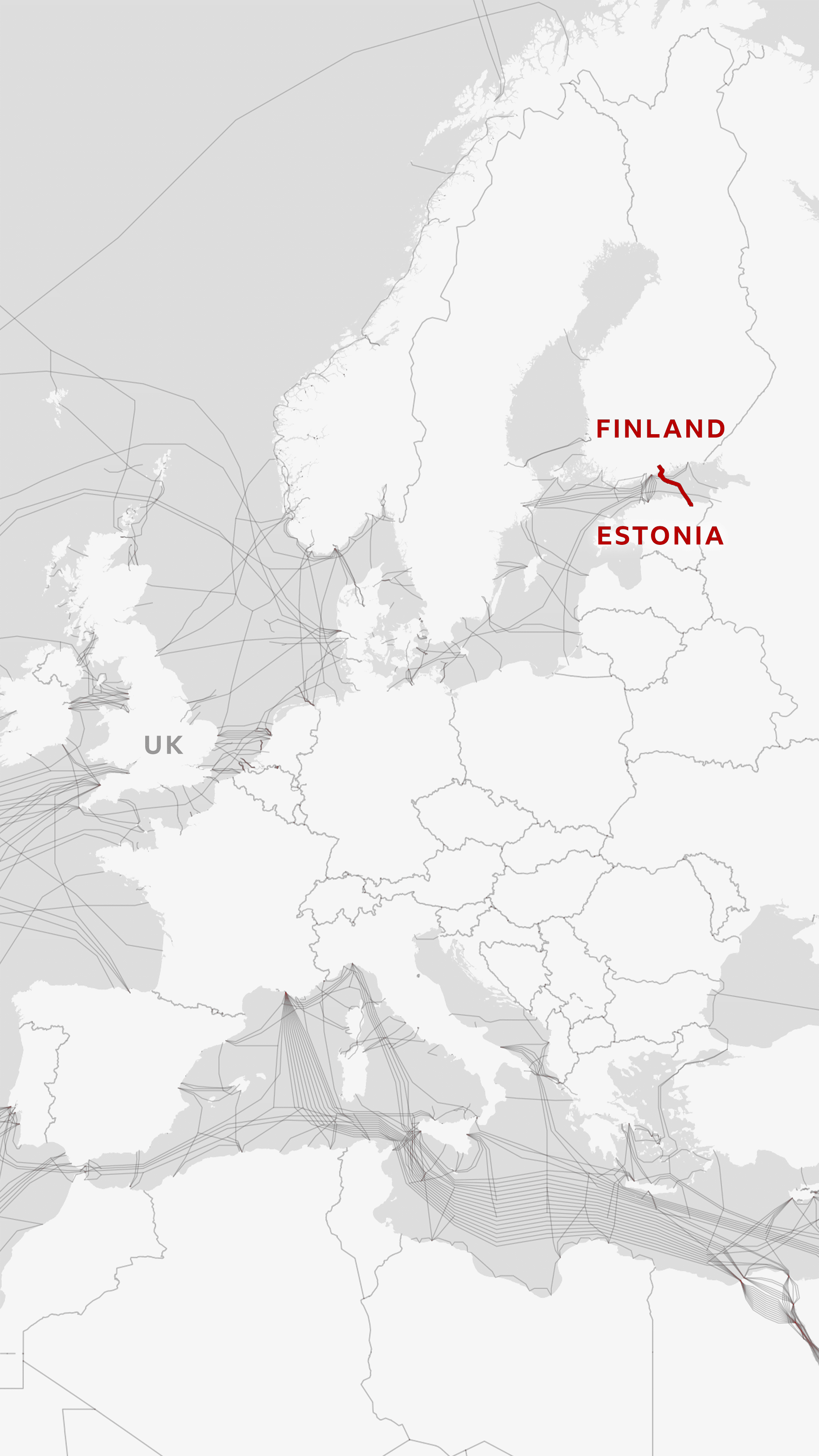 Map showing the submarine cables in Europe, with the recently damaged cables highlighted