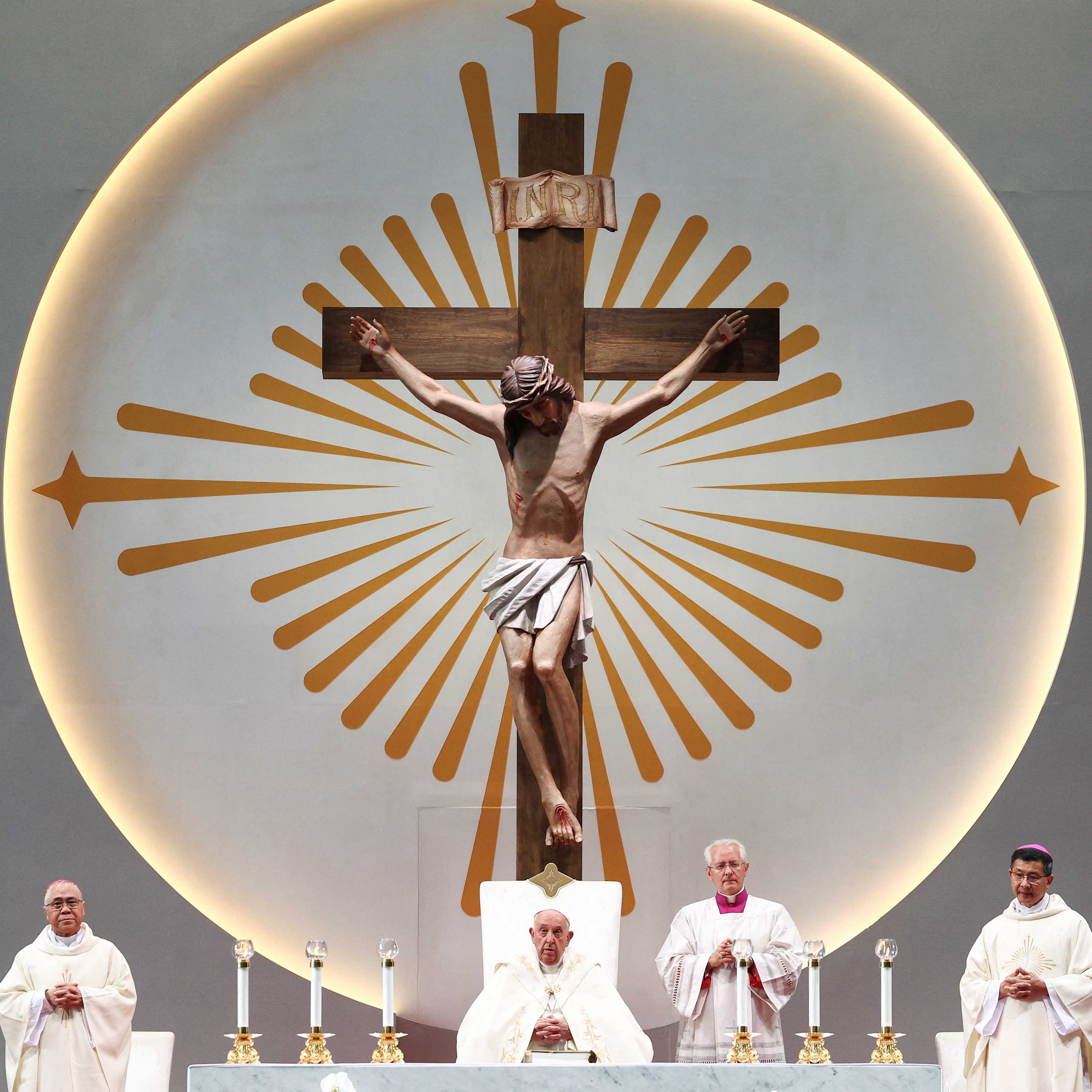 Pope Francis presides a Mass with devotees at the National Stadium in Singapore in 2024.