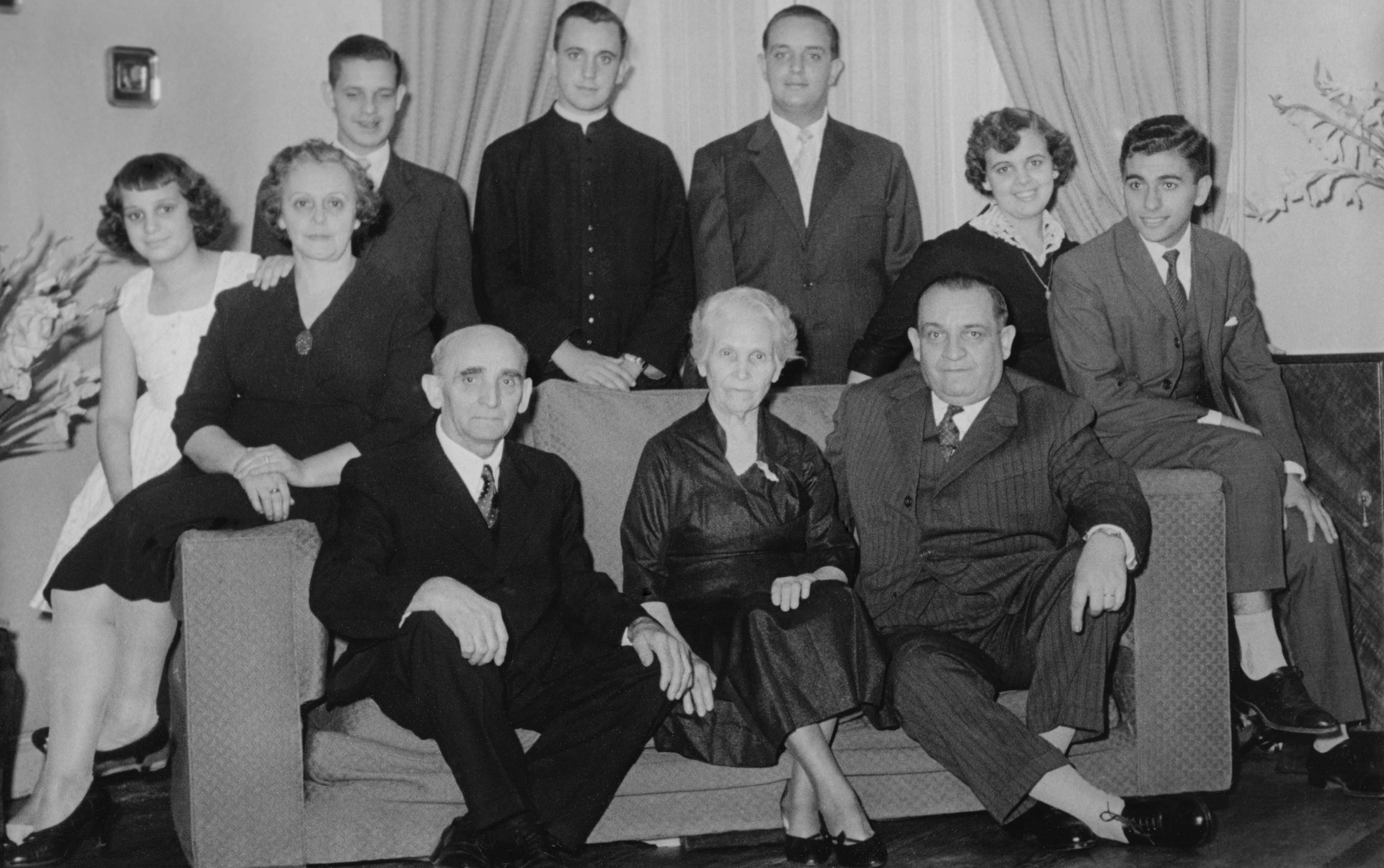 The Bergoglio family as they pose for a portrait, in Buenos Aires, Argentina. Top row, from left; Maria Elena, Regina Sivori, Alberto, Jorge Mario, Oscar, Marta and her husband Enrique Navaja. Bottom row, from right; Mario, Maria de Bergoglio and Juan. Mario and Regina were the parents of Jorge Mario, Maria Elena, Oscar, Marta and Alberto.