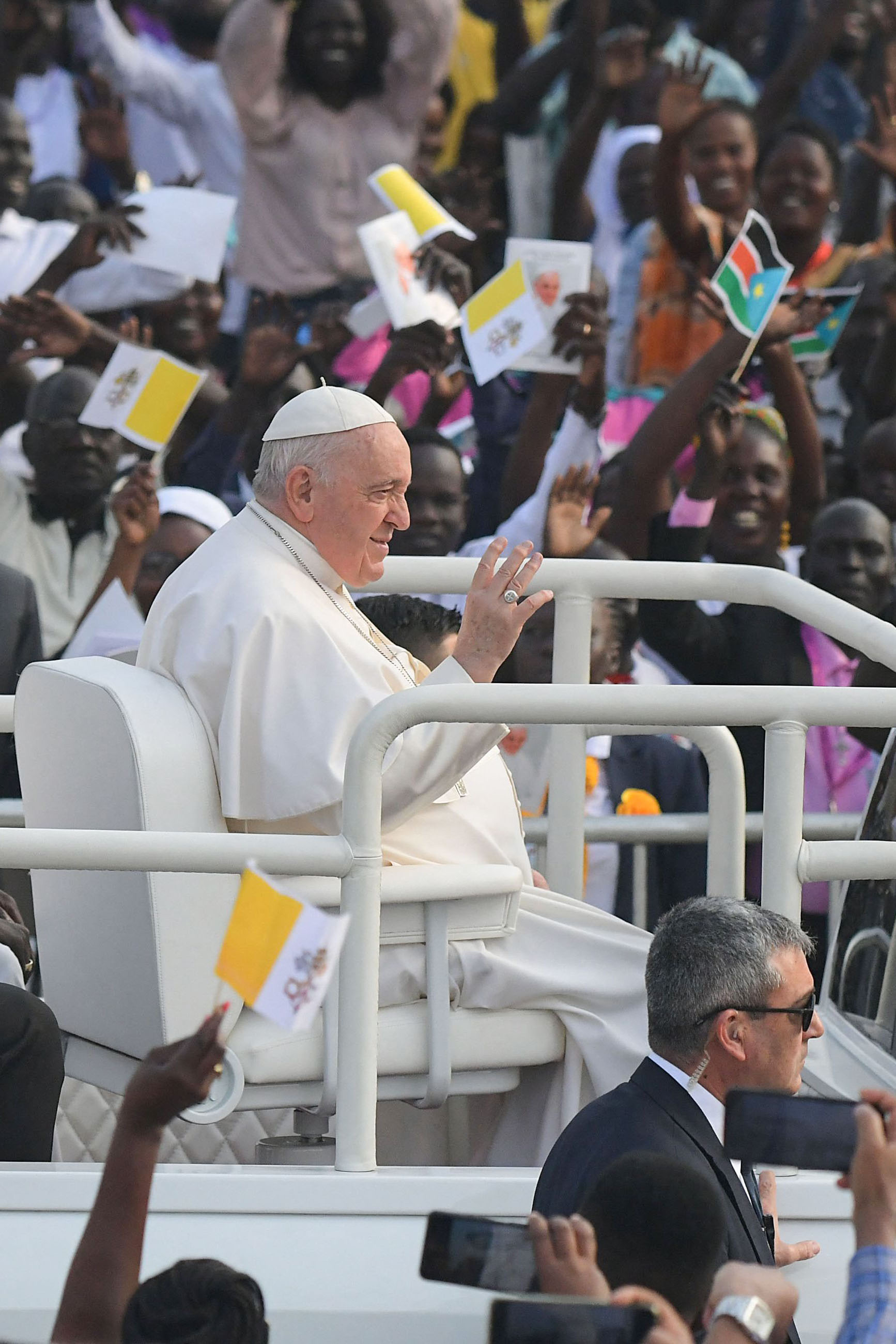 Pope Francis in the popemobile in Juba, South Sudan, on February 5, 2023