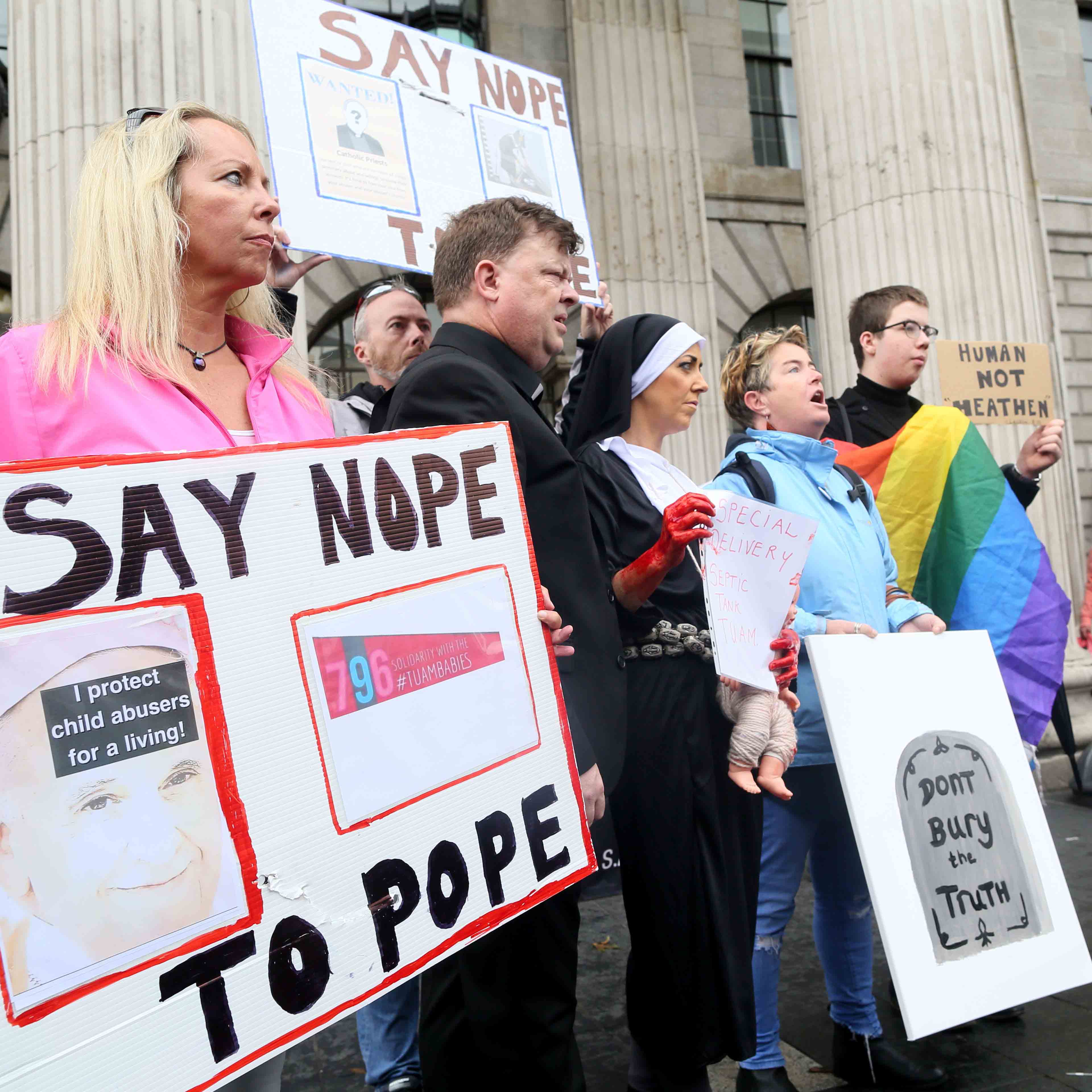 Protesters against clerical abuse and the visit of Pope Francis gather in Dublin in 2018